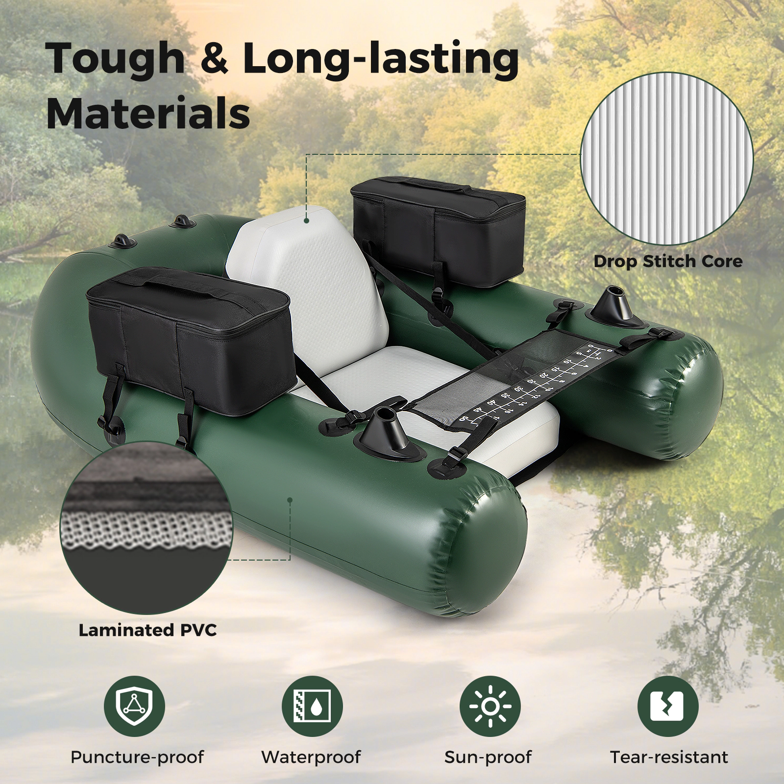 SUGIFT Inflatable Fishing Float Tube, 220 lb Capacity, 3 Air Chambers, Pump and Rod Holder