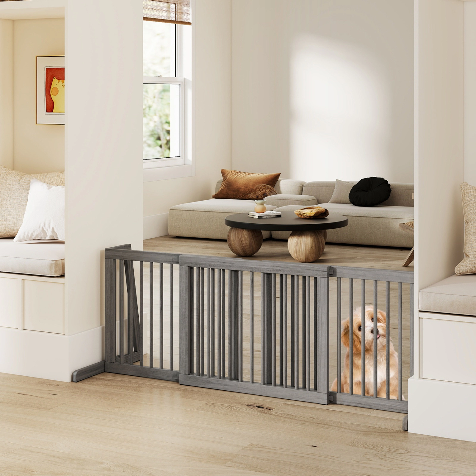 SUGIFT Folding Adjustable Free Standing 3 Panel Pine Wood Pet Gate 80-in Wide 22-in Tall Brown/Gray