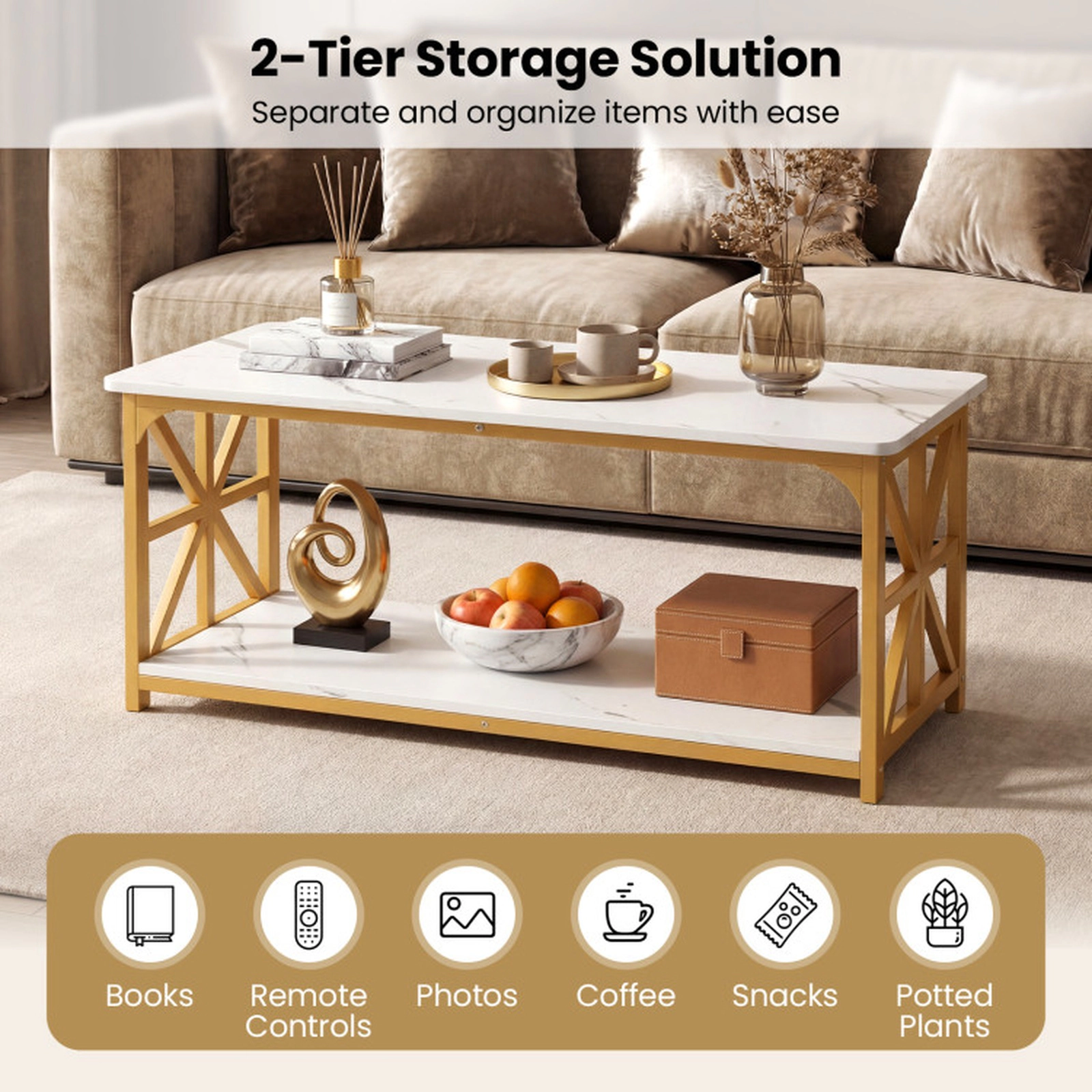 SUGIFT 43-in 290-lb Overall Capacity 2-Tier White and Gold Classic Coffee Table with X-Shaped Steel Frame