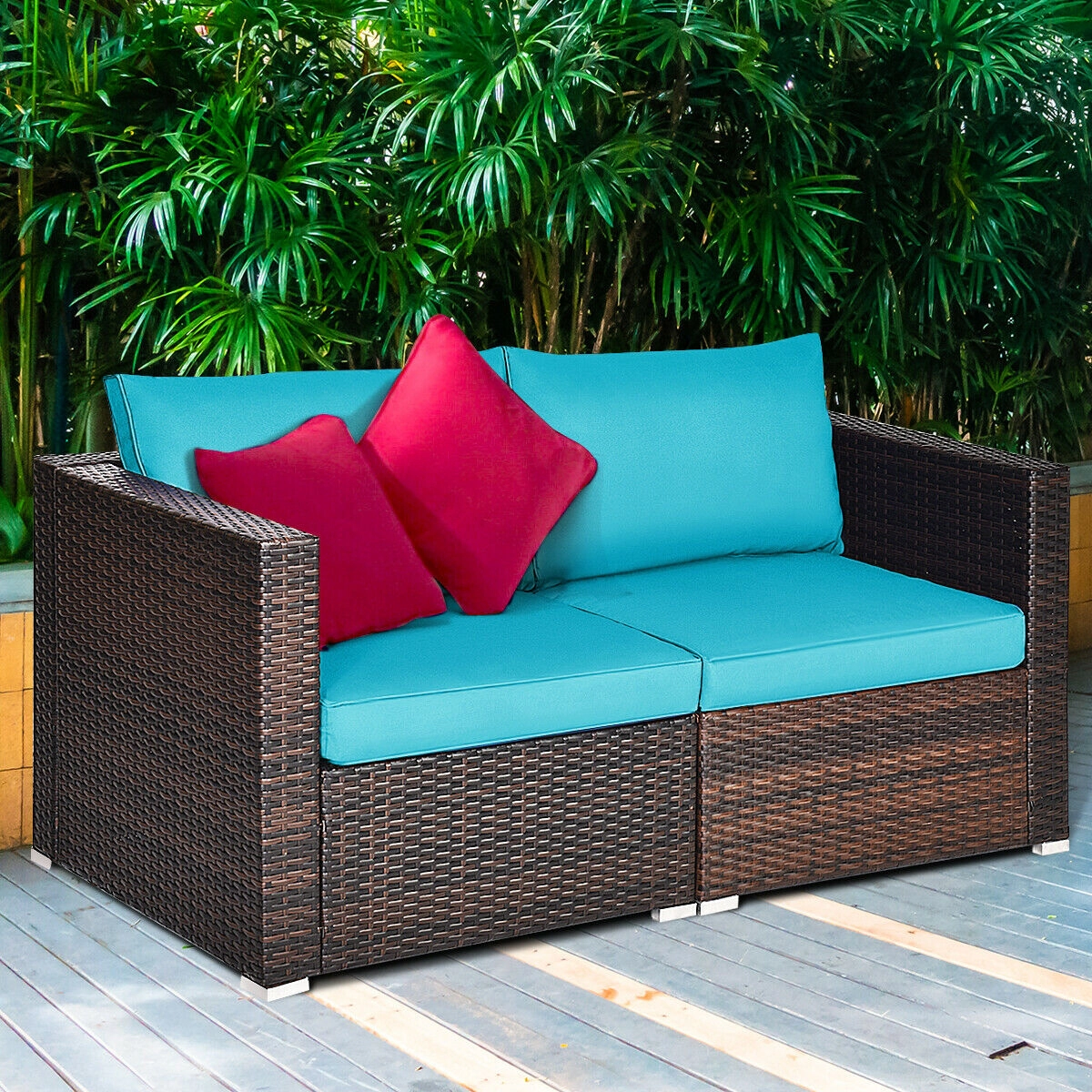 LJG 2PCS Patio Rattan Sectional Conversation Sofa Set