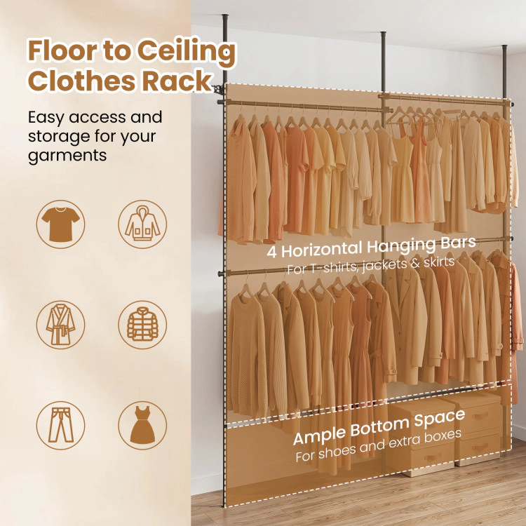 Hivvago Adjustable Floor to Ceiling Clothes Rack with 4 Hanging Rods