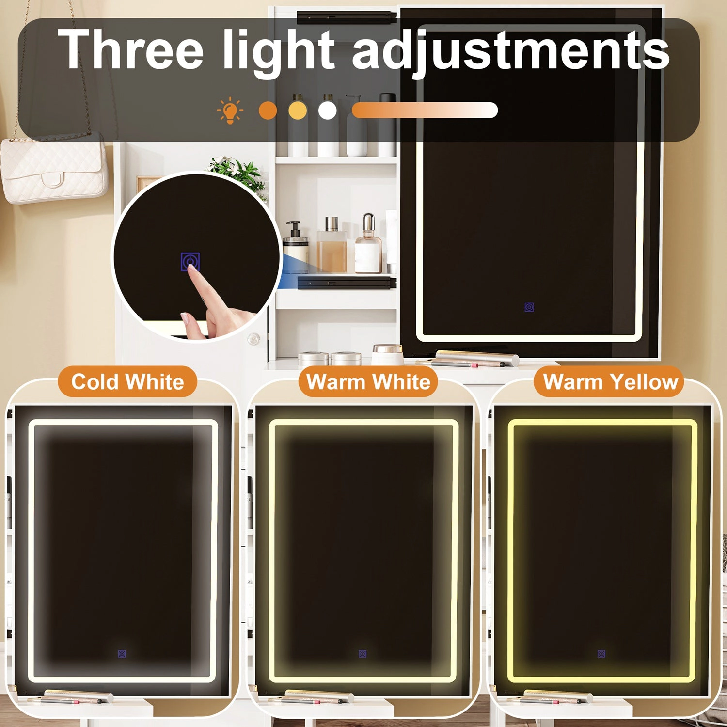 GBruno White Vanity Desk Set With LED Mirror & Stool