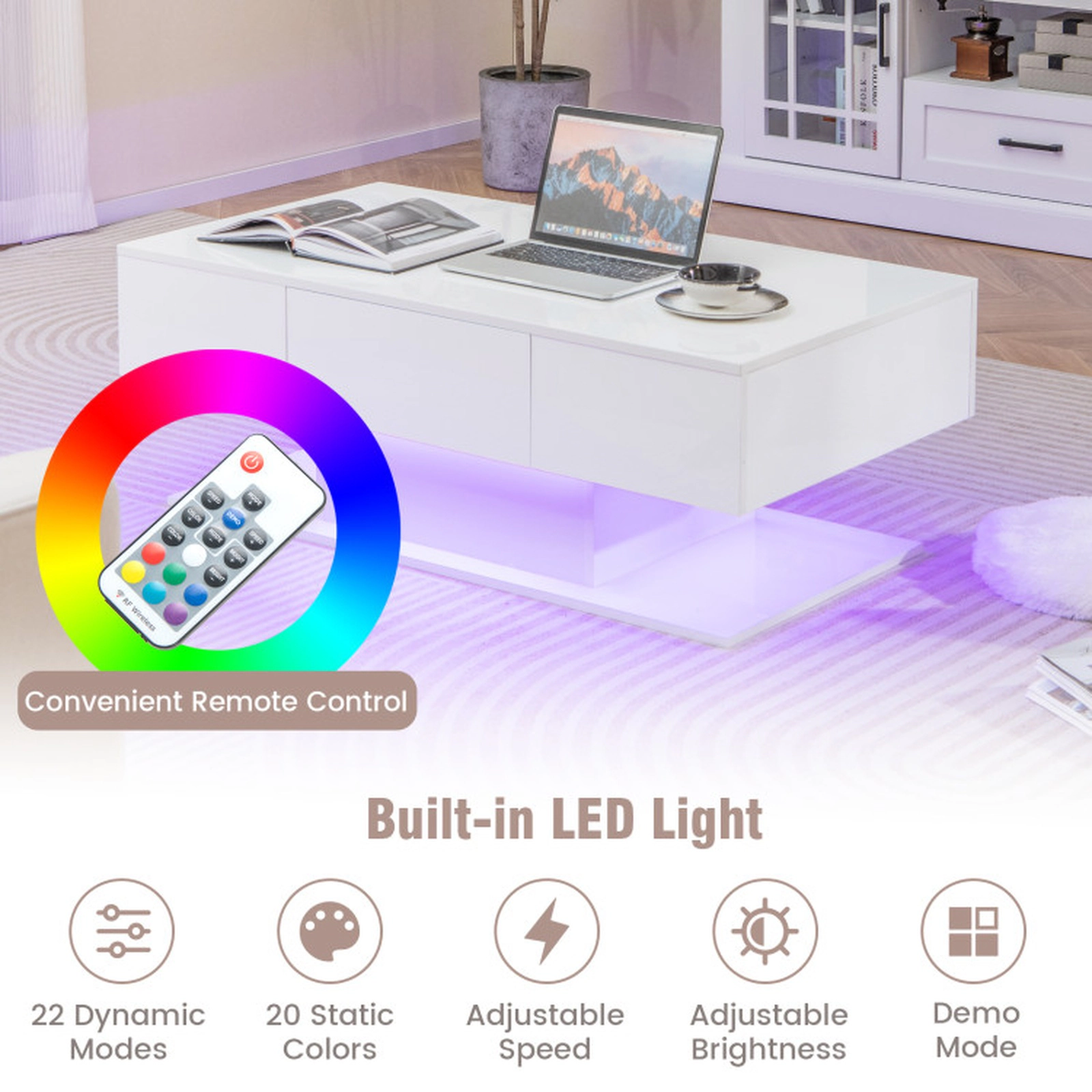 SUGIFT 43.5-in 110-lb Capacity 20-Color LED High-Gloss White Coffee Table with 2 Push-to-Open Drawers