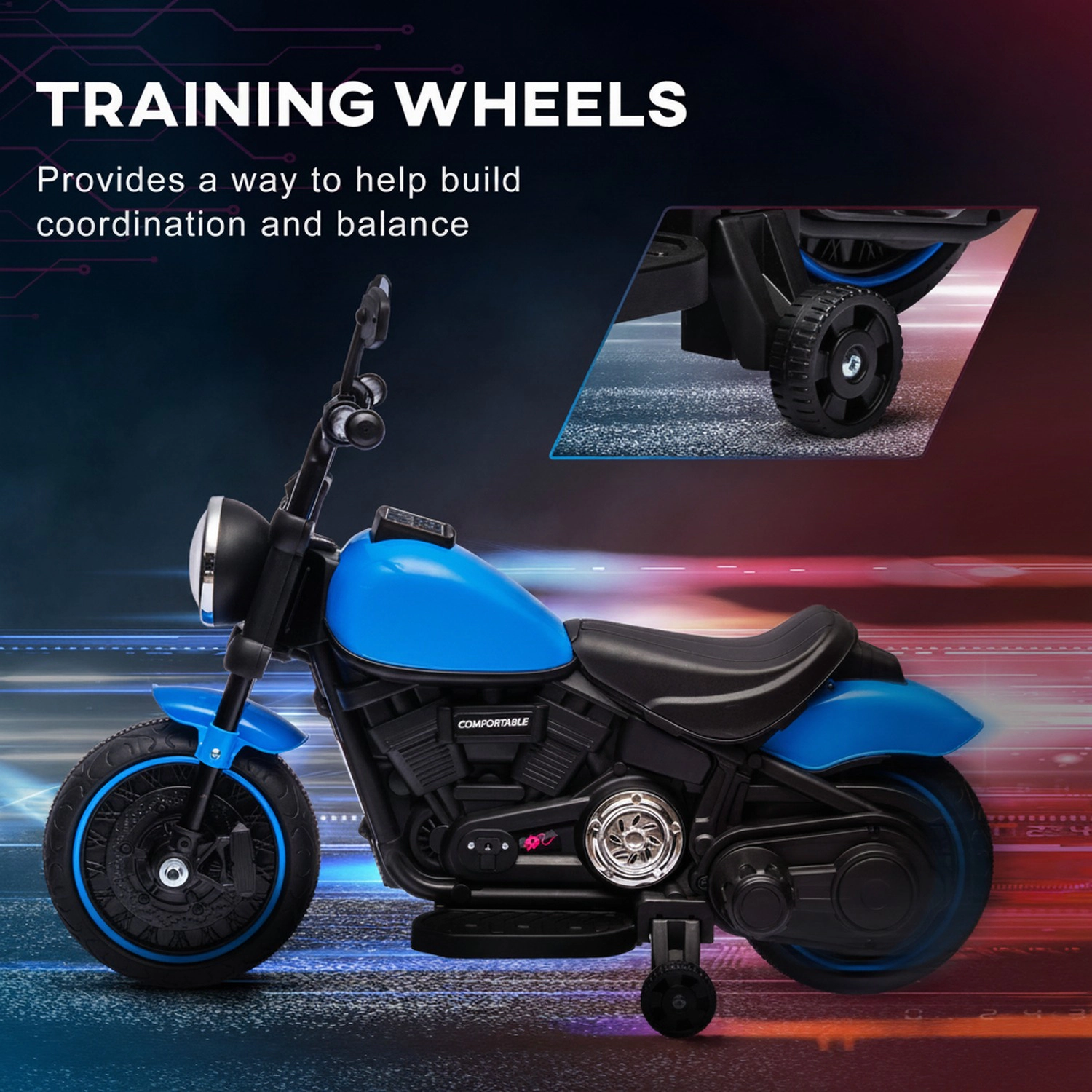 HONGGE Toddler Electric Motorcycle with Training Wheels, 6V, Single-Button Start, Holds 55 lbs, Blue