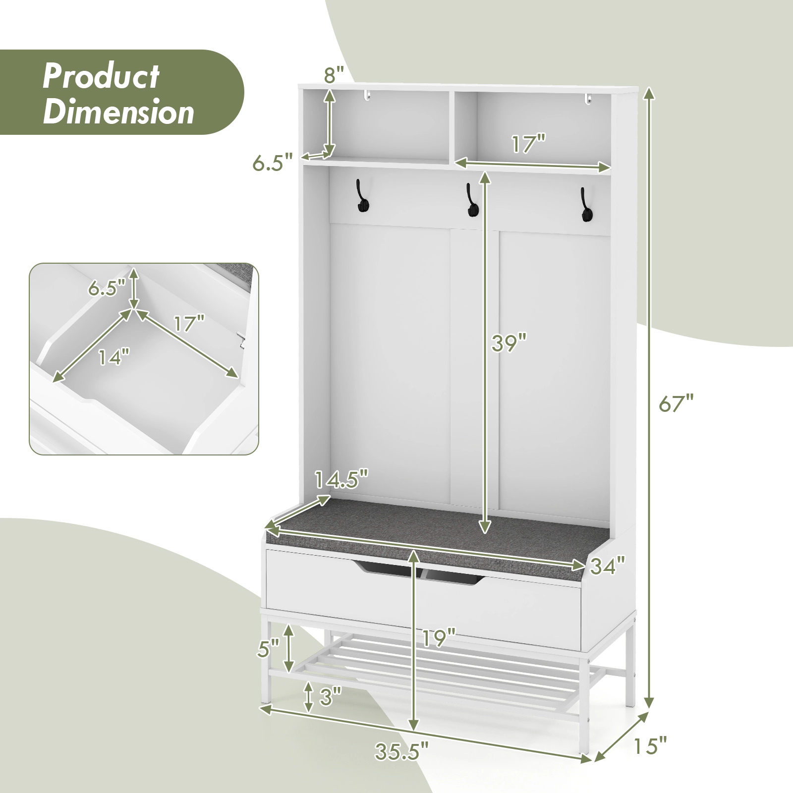 SUGIFT 67-in Tall 330-lb Bench Capacity White Hall Tree 4-in-1 Coat Rack with Seat Cushion and Shoe Storage