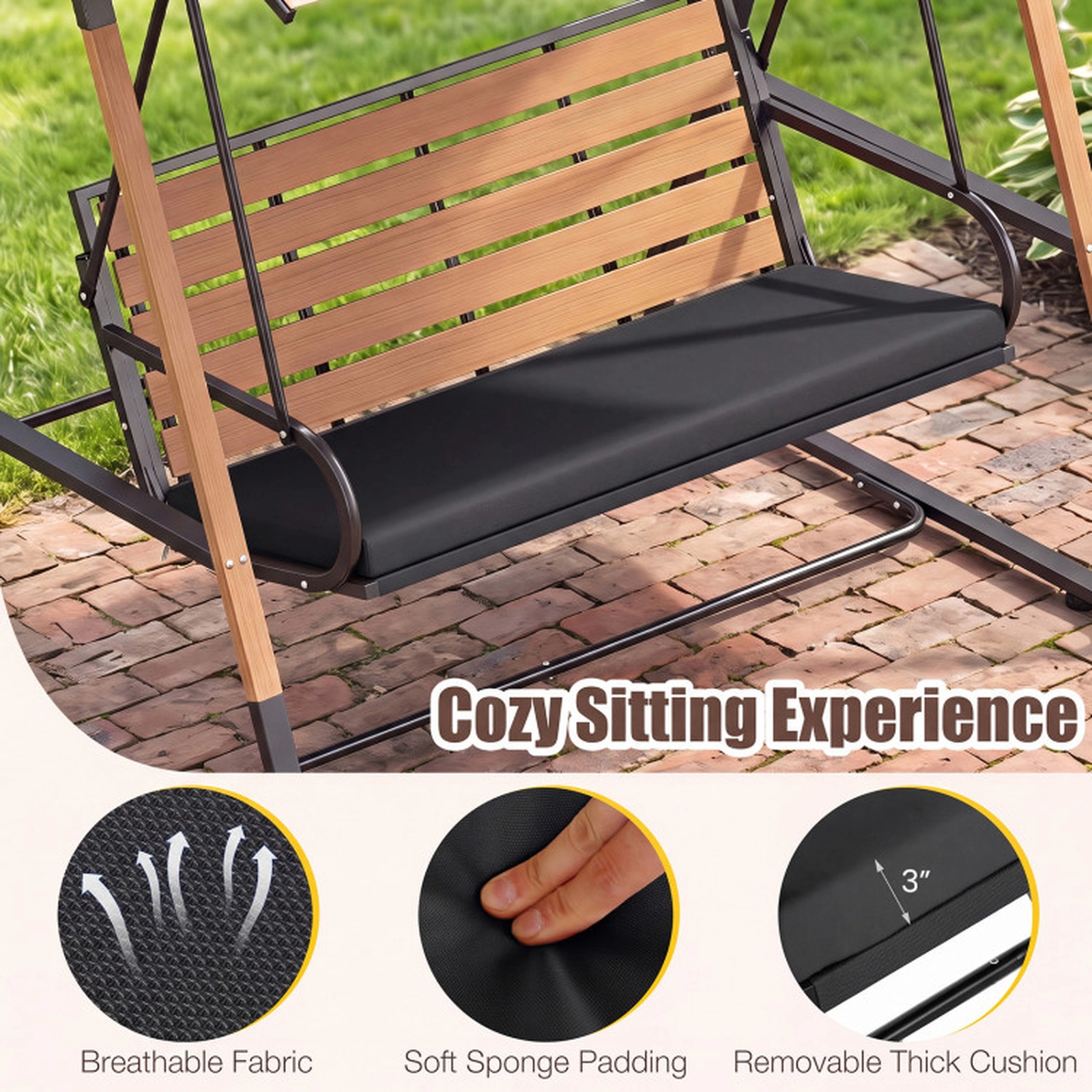 SUGIFT Black Adjustable Canopy and Slatted Seat 3-Person Porch Swing