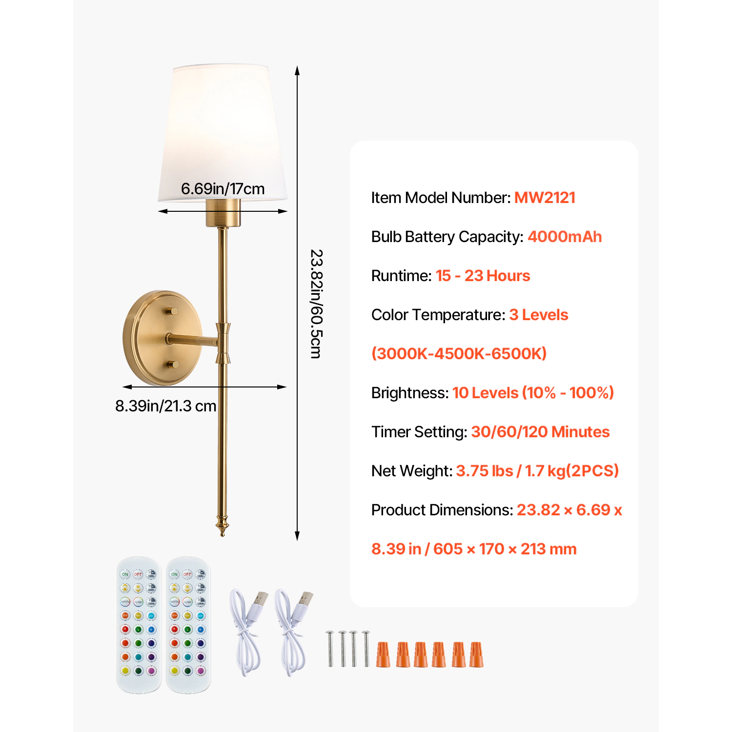 HONGGE Battery Operated Wall Rechargeable Wireless Lights with Remote Control & Timer Dimmable