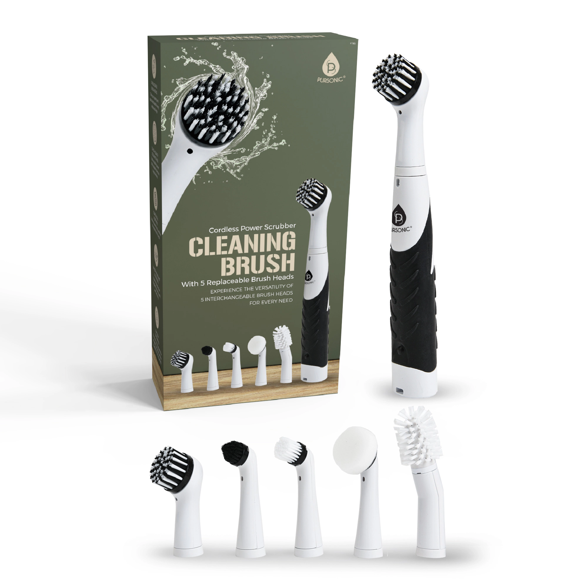 Pursonic Unisex Cordless Electric Power Scrubber Cleaning Brush with Interchangeable Brush Heads