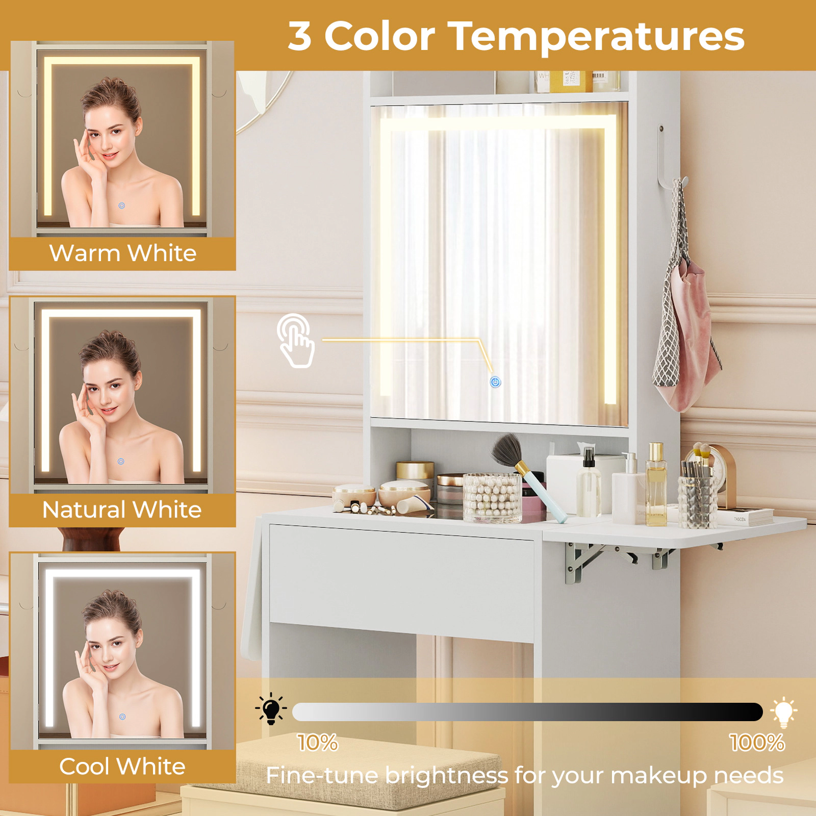 SUGIFT Space-Saving Vanity Desk with Drop-Leaf Top Expanding to 37-in Hidden Mirror Cabinet and Outlets