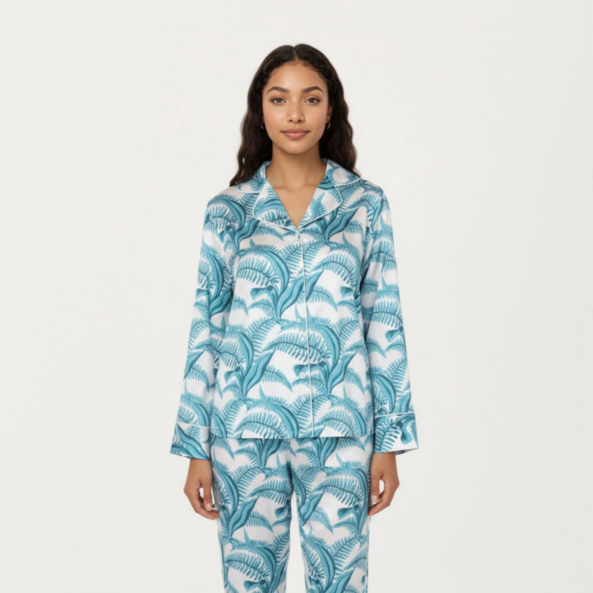 Anna-Kaci Women's 2-Piece Long Sleeve Button Front Pajama Set with Tropical Leaf Print and Soft Silky Fabric
