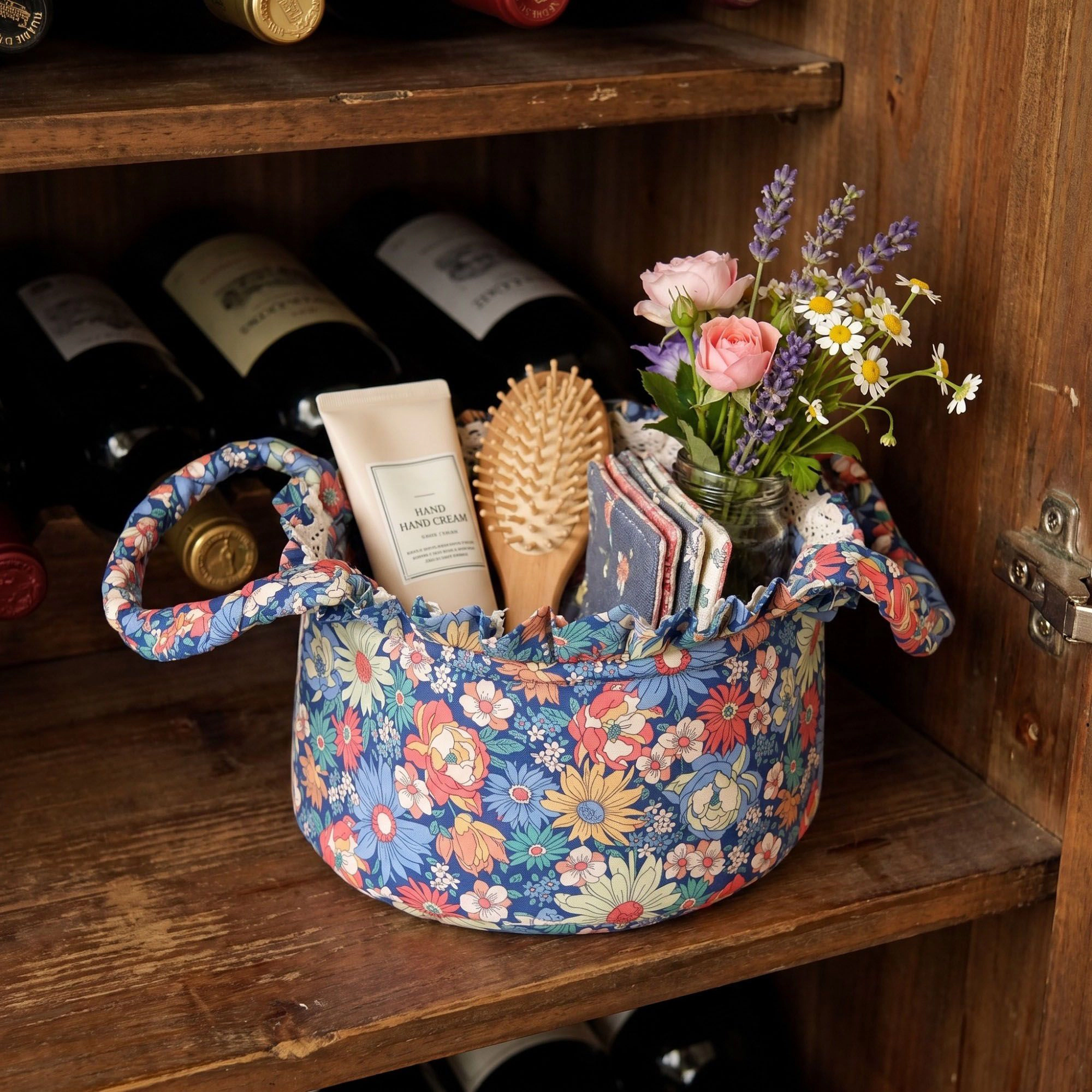 Alilang Unisex Floral Quilted Fabric Storage Basket with Carry Handles