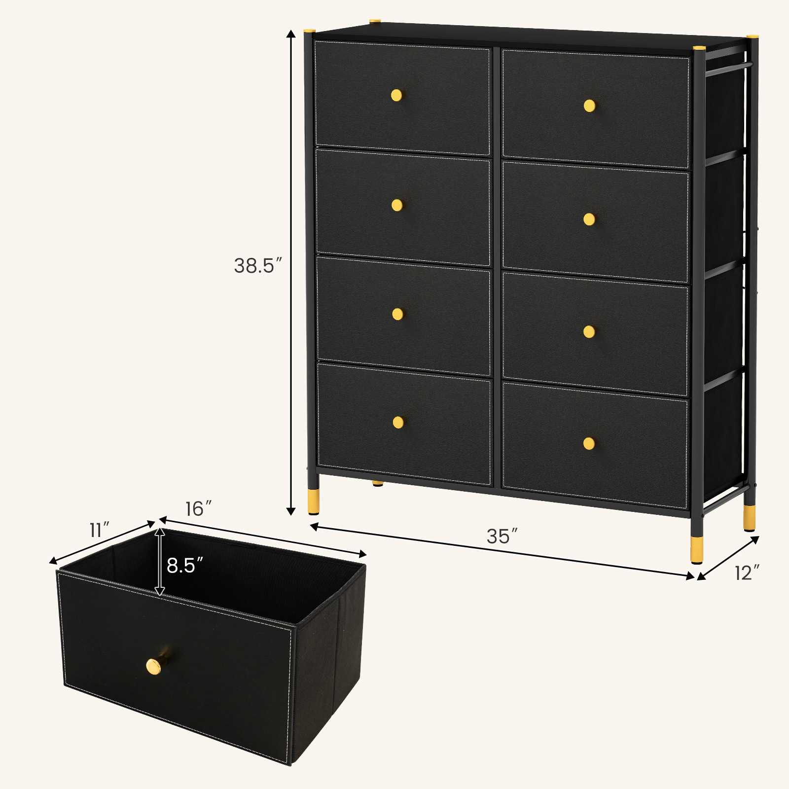 SUGIFT 38.5 in Black 8-Drawer Fabric Dresser with Metal Frame and Wood-Look Top
