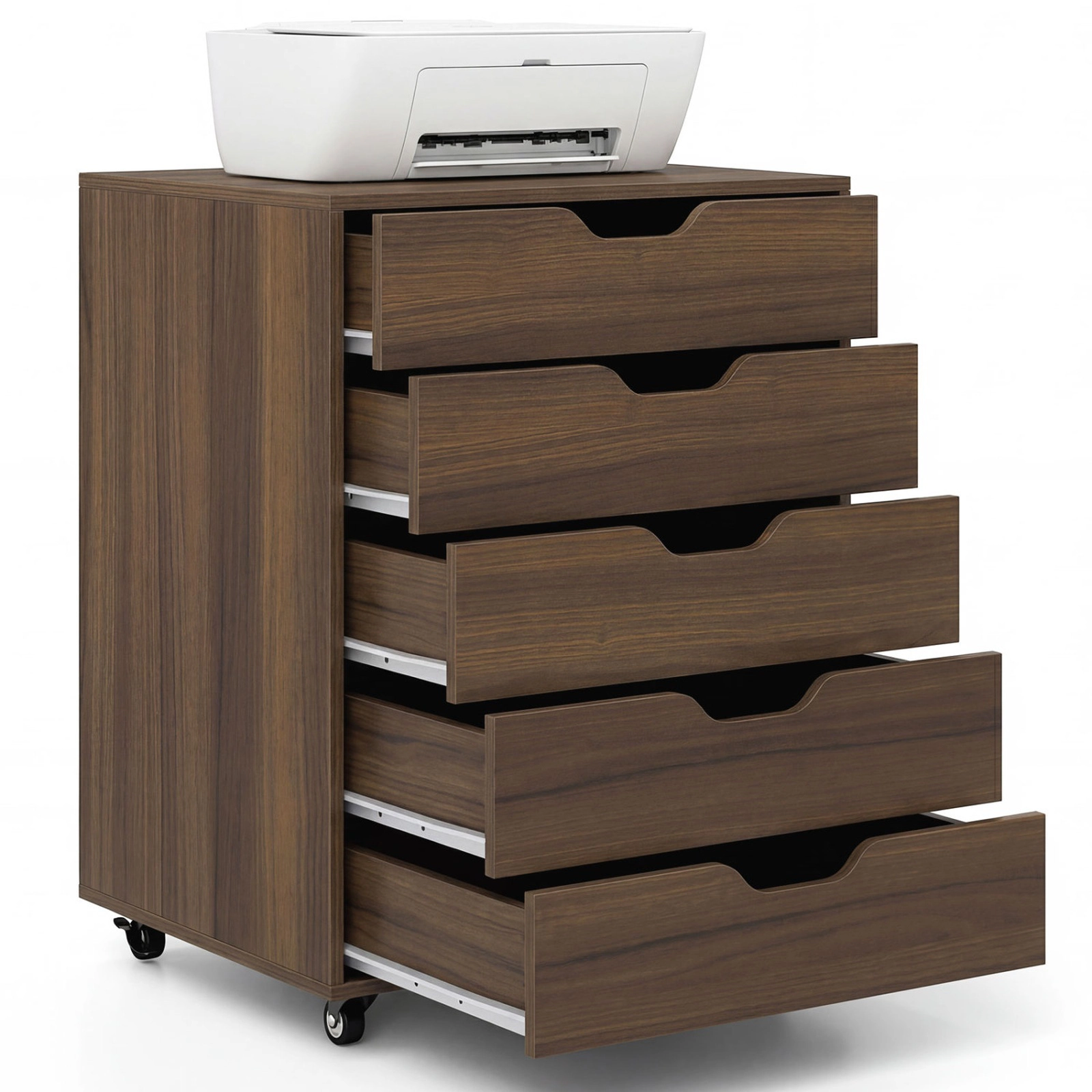 SUGIFT Walnut Locking Wheels for Home Office 5 Drawer Mobile File Cabinet