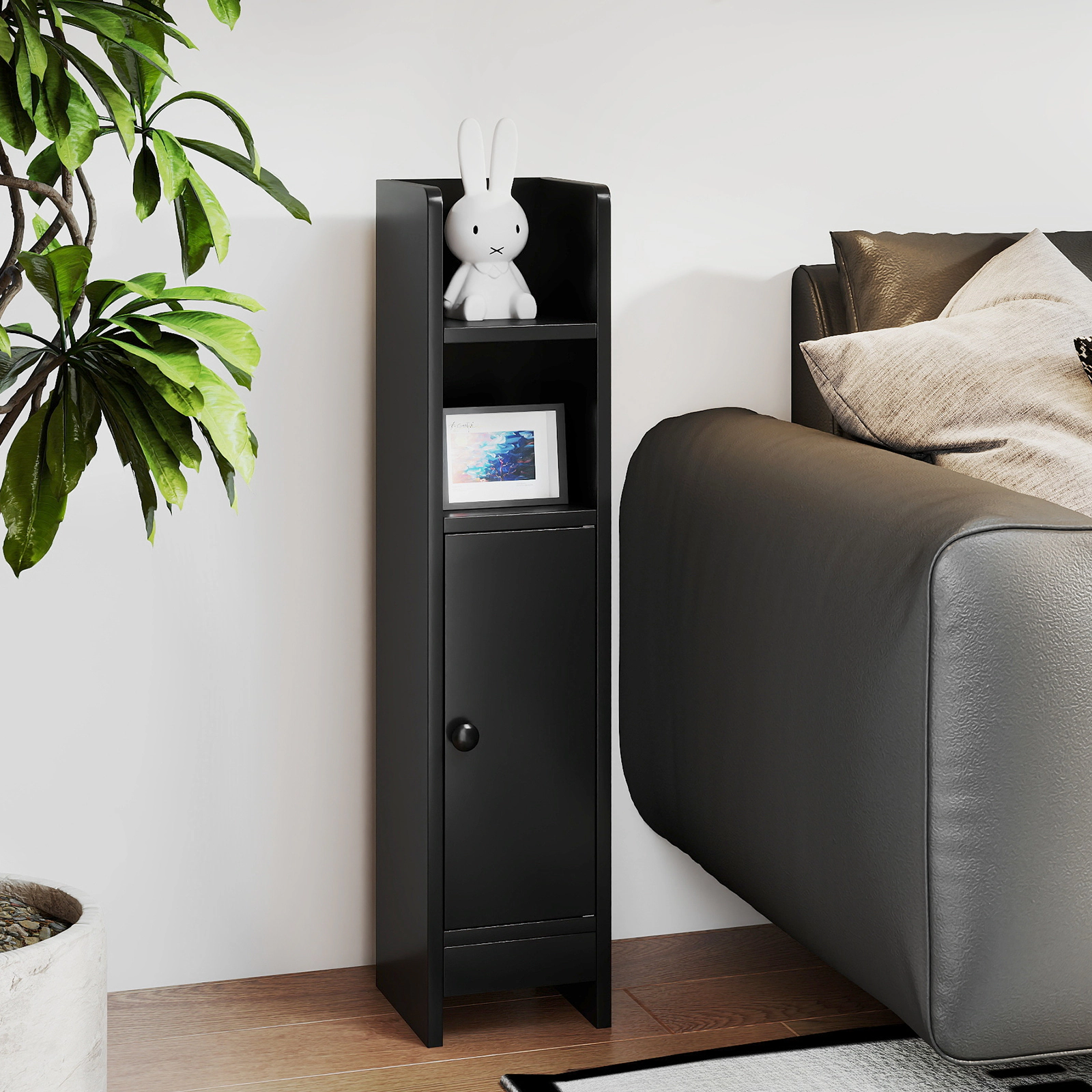 SUGIFT Corner Slim Door Adjustable Shelf Freestanding Bathroom Floor Cabinet 8-in x 7-in x 31.5-in 44-lb Capacity Black