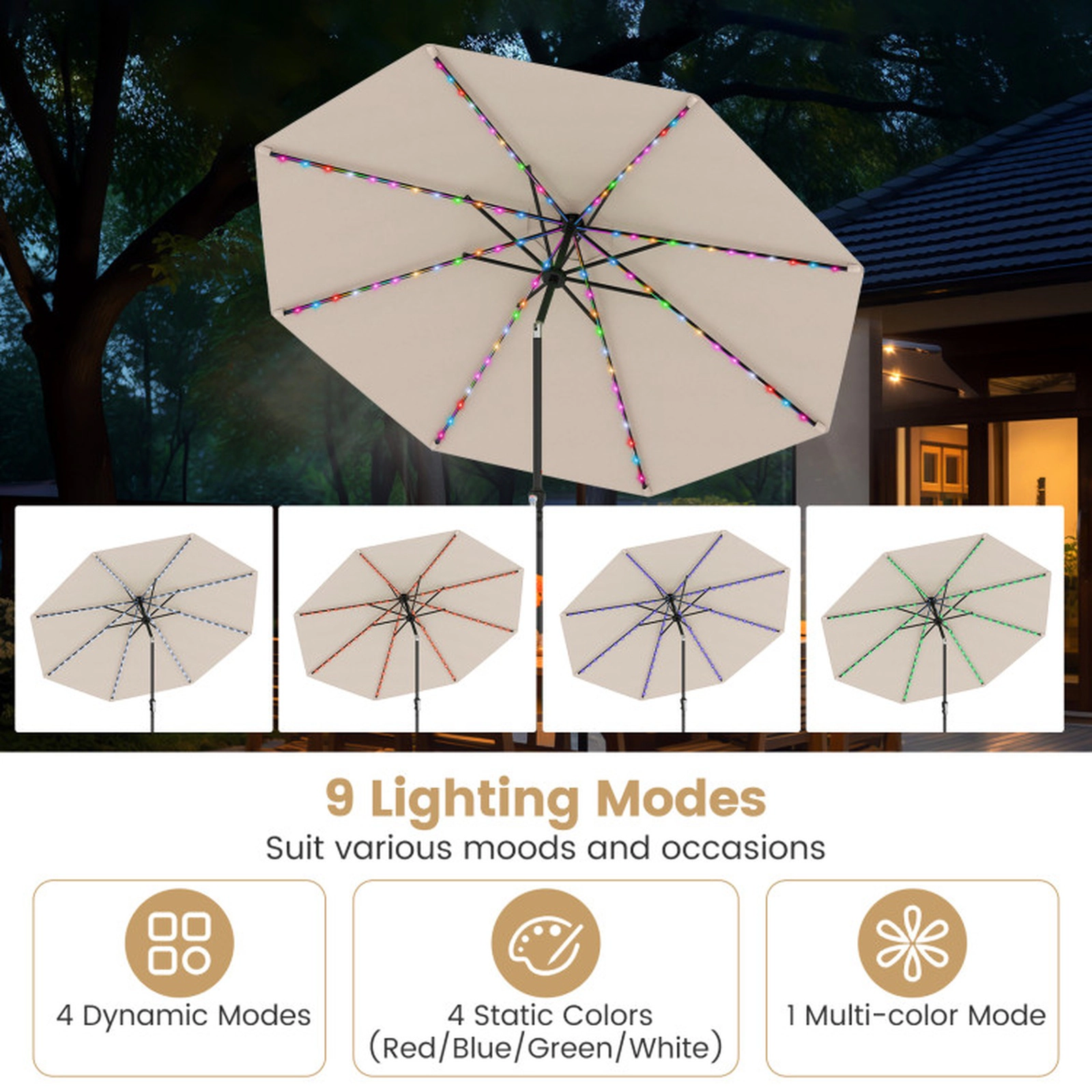 SUGIFT 10-ft Beige Solar LED Patio Umbrella with 96 Bulbs, 9 Modes and Vented Top