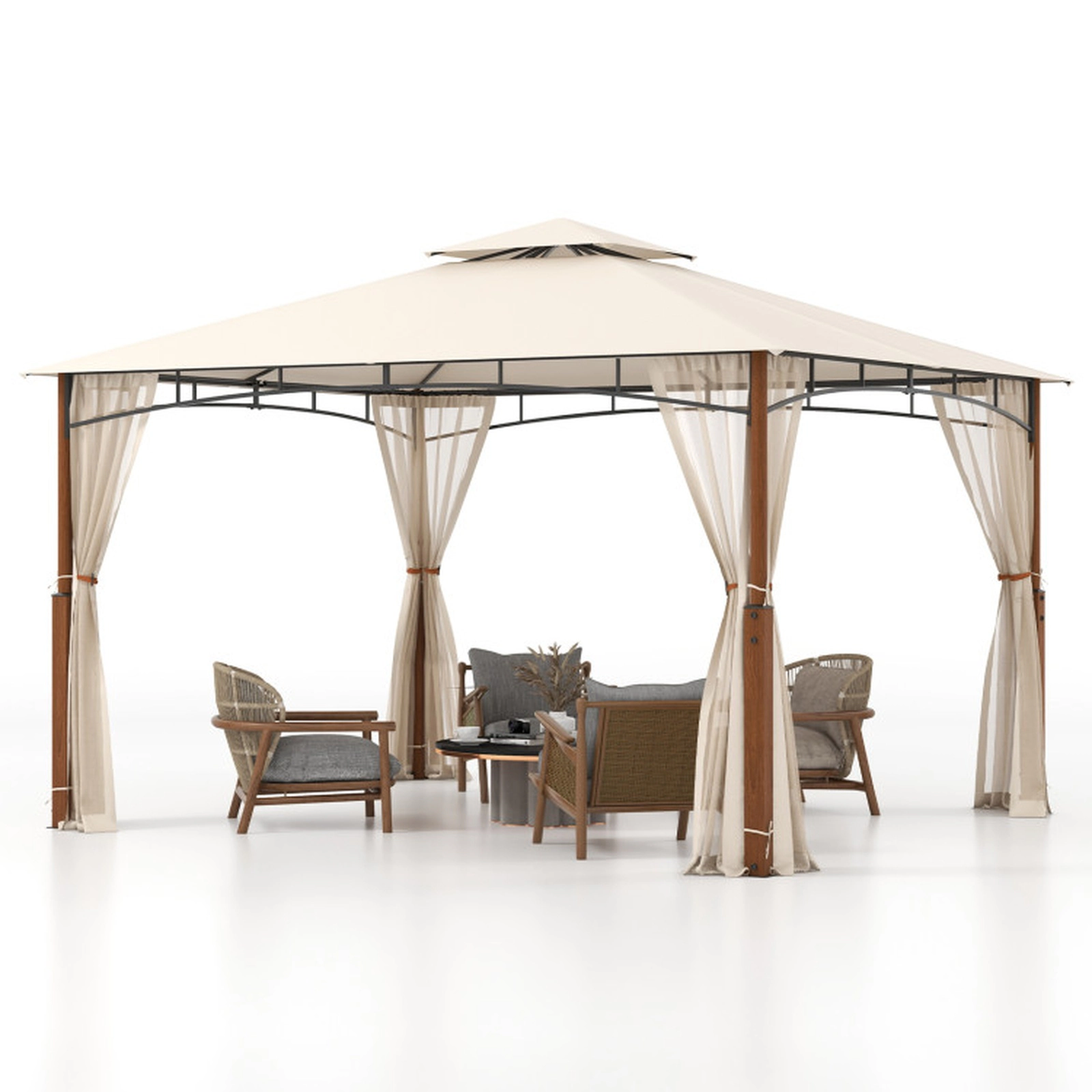 SUGIFT 12-ft x 10-ft Beige Patio Gazebo with Mosquito Netting 2-Tier Vented Roof and Wood Grain Columns