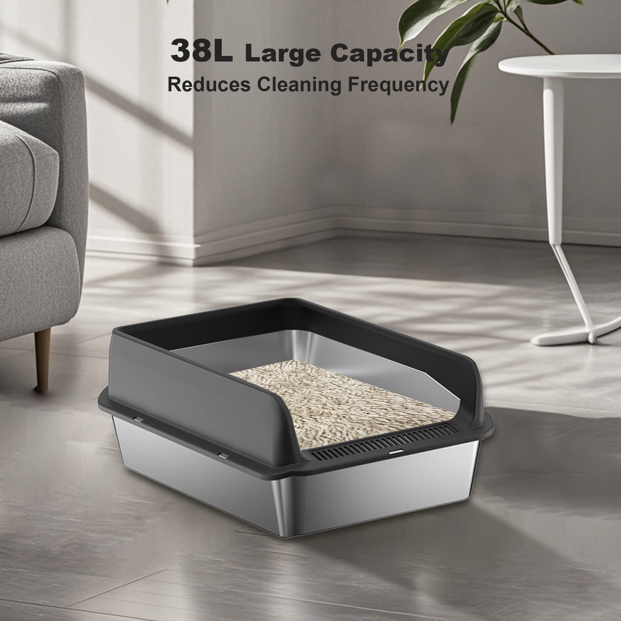XL Top-Entry Stainless-Steel Cat Litter Box, Anti-Tracking Pan with Mat 60x40x30cm, Black