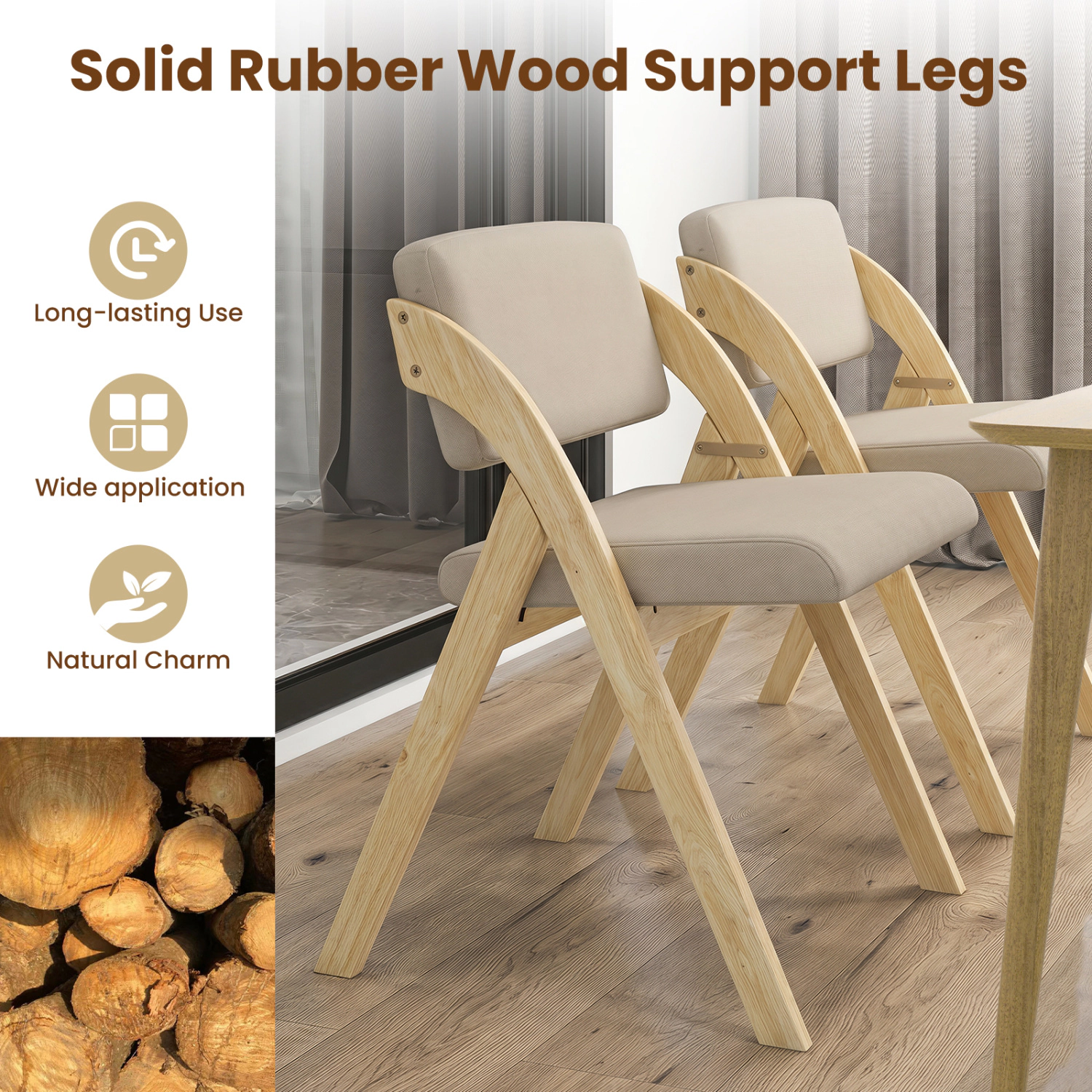 LJG Set of Folding Kitchen Dining Chairs with Rubber Wood Legs
