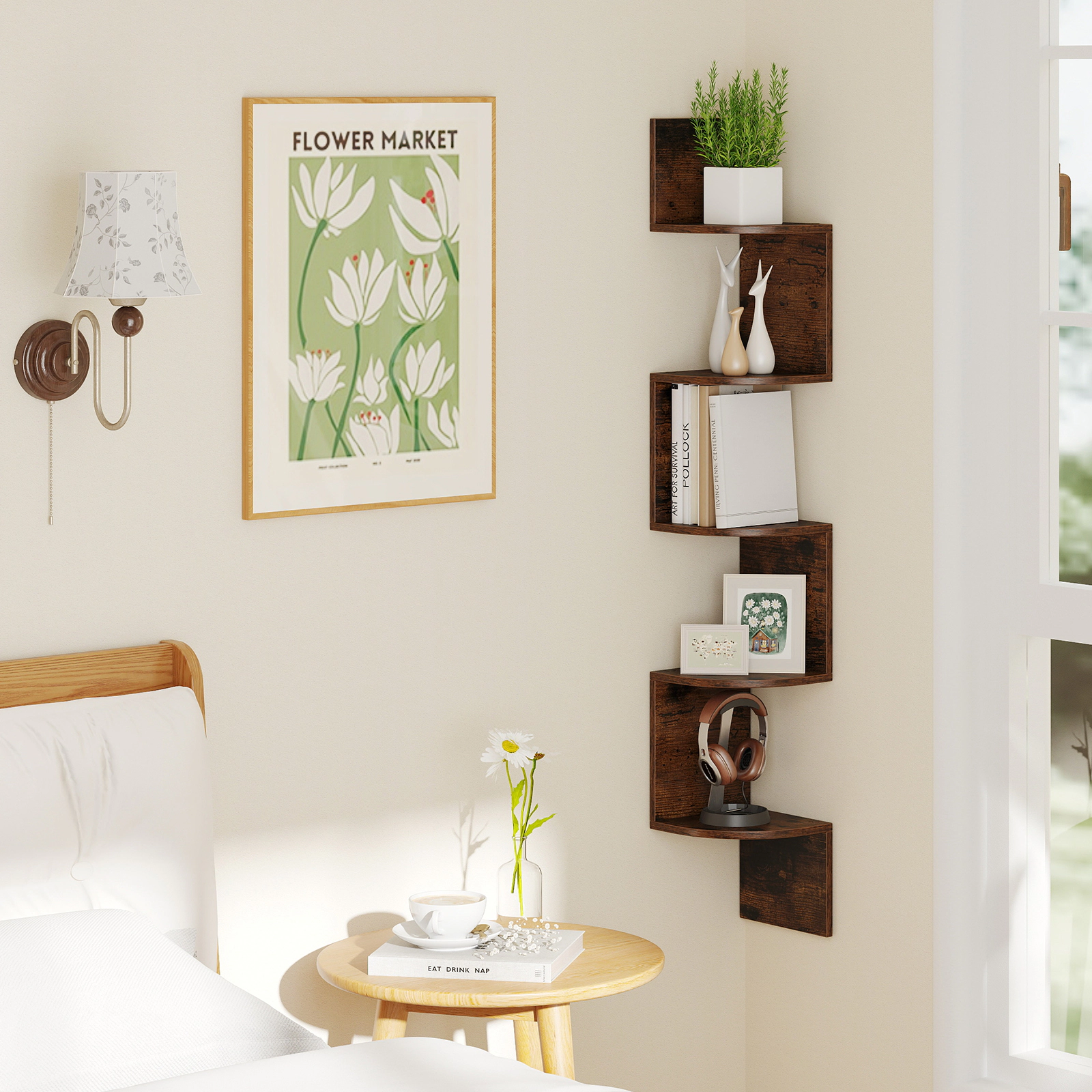 SUGIFT 5-Tier Rustic Brown 50-in Wall Mounted Floating Corner Bookshelf with 6 Mounting Kits and Edge Guards
