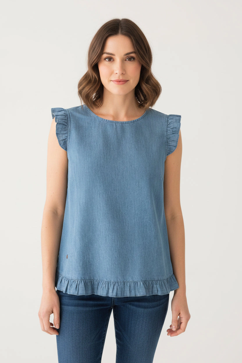 DressAtR Women's Blue Denim Ruffle Sleeveless Round Neck Back Button Blouse