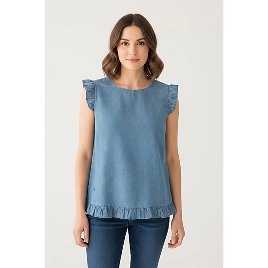 DressAtR Women's Blue Denim Ruffle Sleeveless Round Neck Back Button Blouse
