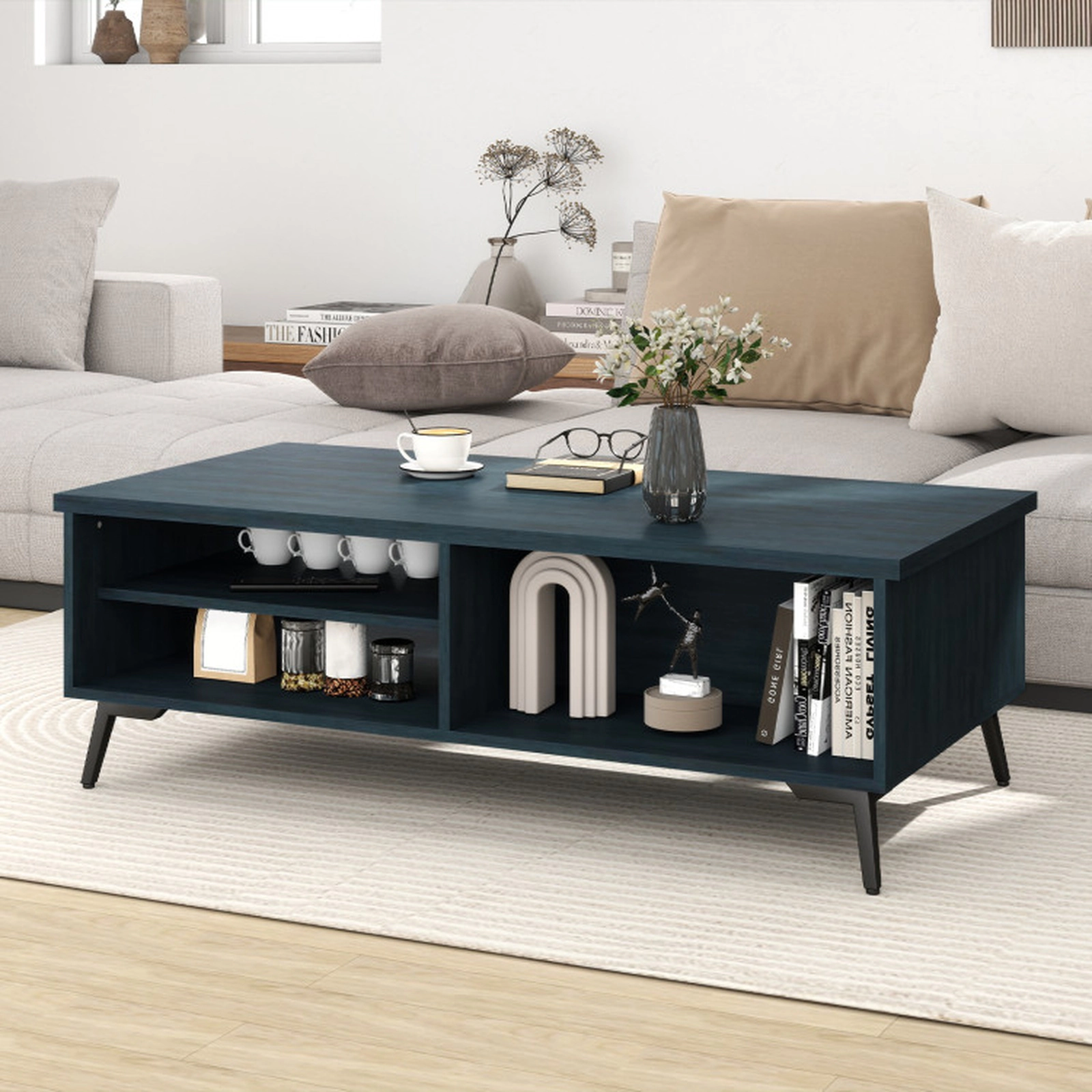 SUGIFT 2-Tier Mid Century Modern Coffee Table with Storage Shelves and Compartments 176-lb Tabletop Capacity Walnut/Blue