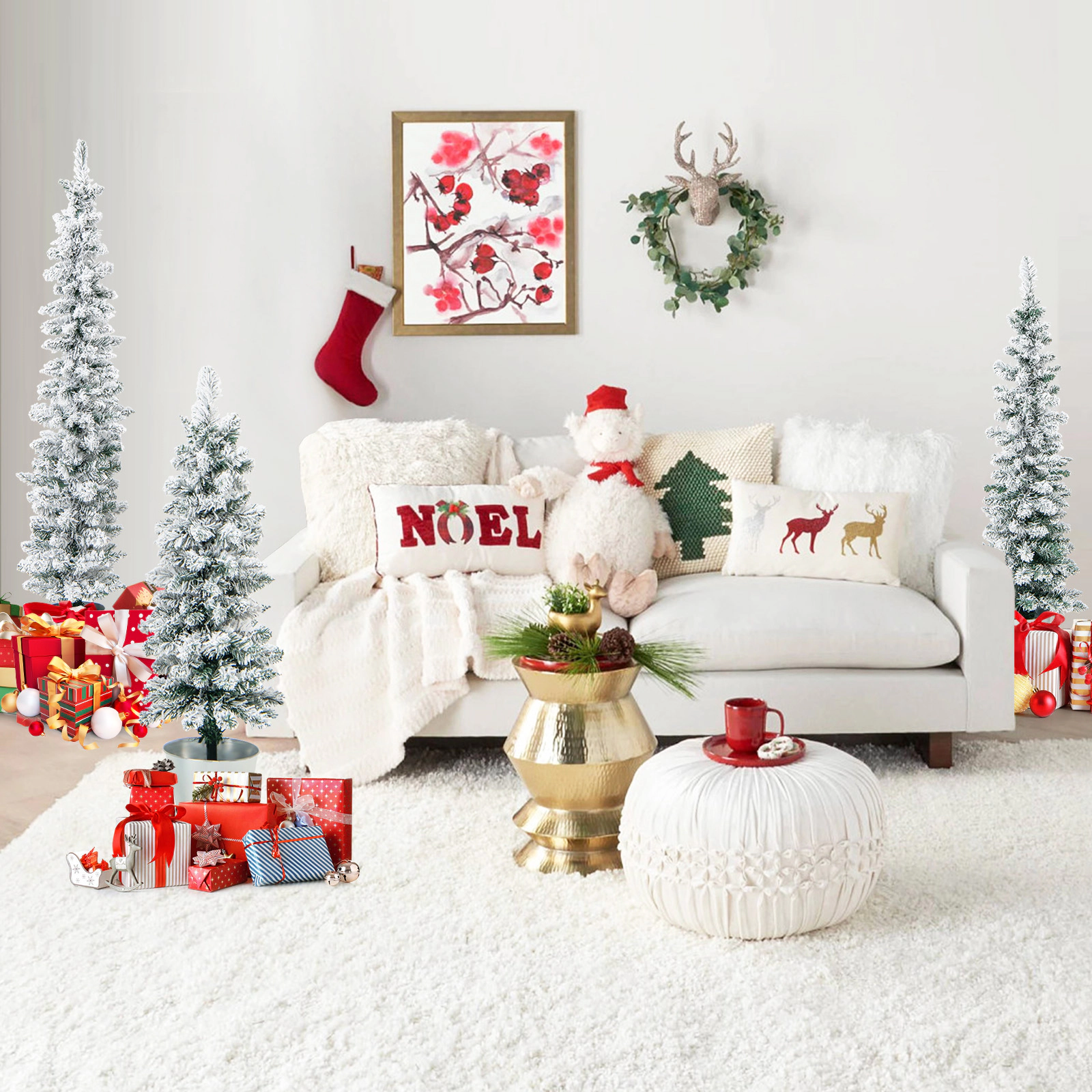 LJG Set of 3 Potted Artificial Christmas Tree Snow-Flocked