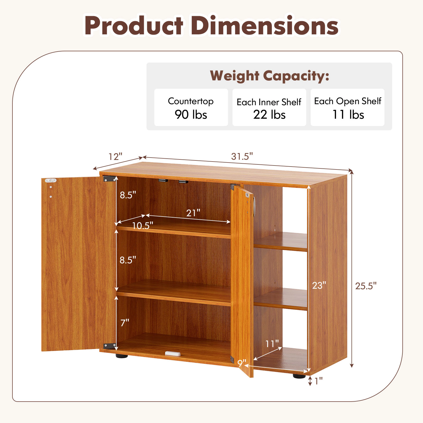 SUGIFT 3-Tier Natural 31.5-in Slim Wood Shoe Cabinet with Doors and Open Side Shelves for Entryway