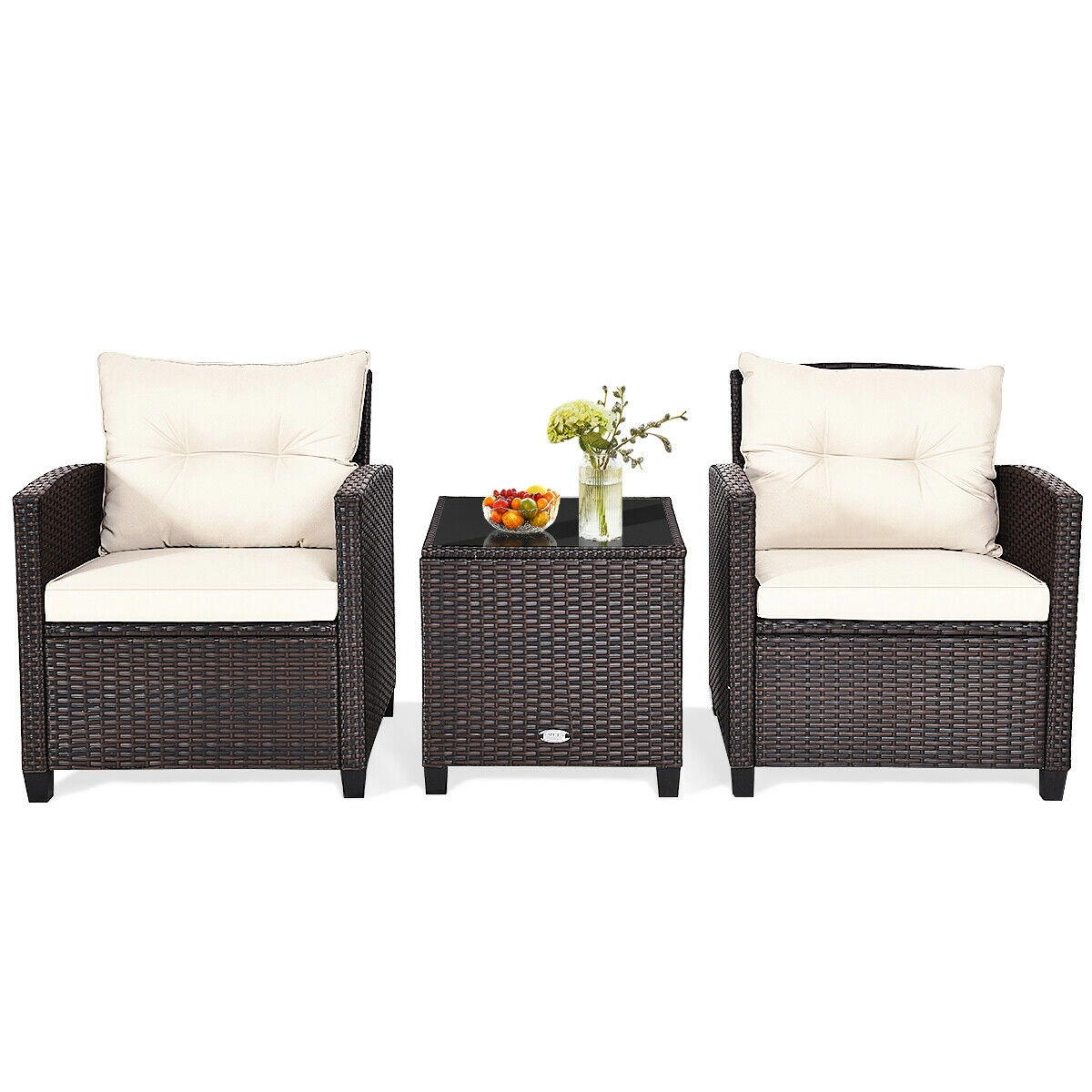 SUGIFT 3-Piece Patio Rattan Cushioned Conversation Set with Coffee Table 360-lb Chair Capacity 26.5-in Chairs White