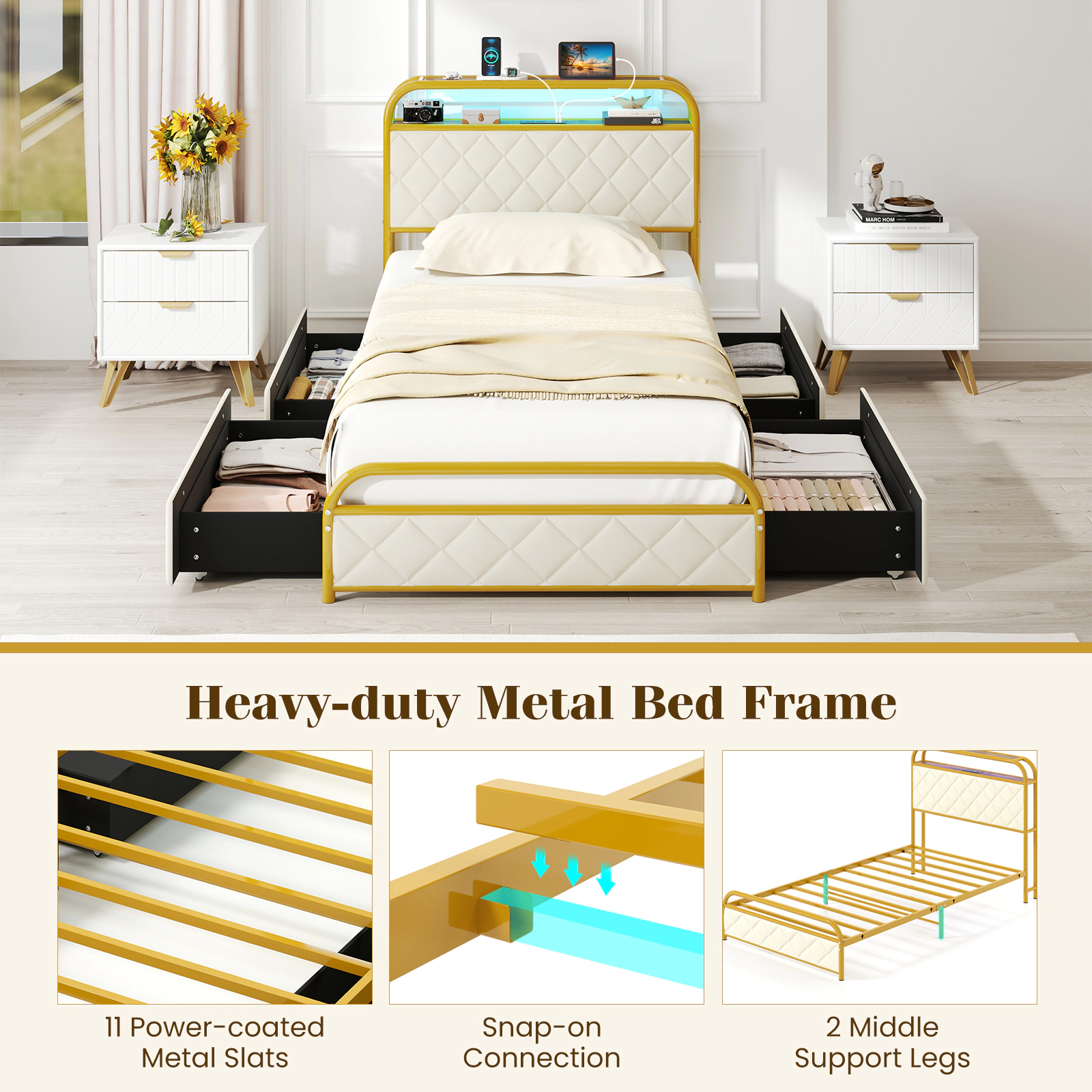SUGIFT Twin Size Upholstered Bed Frame with LED Lights, Charging Station & Storage Drawers 440-lb Capacity Black/Golden