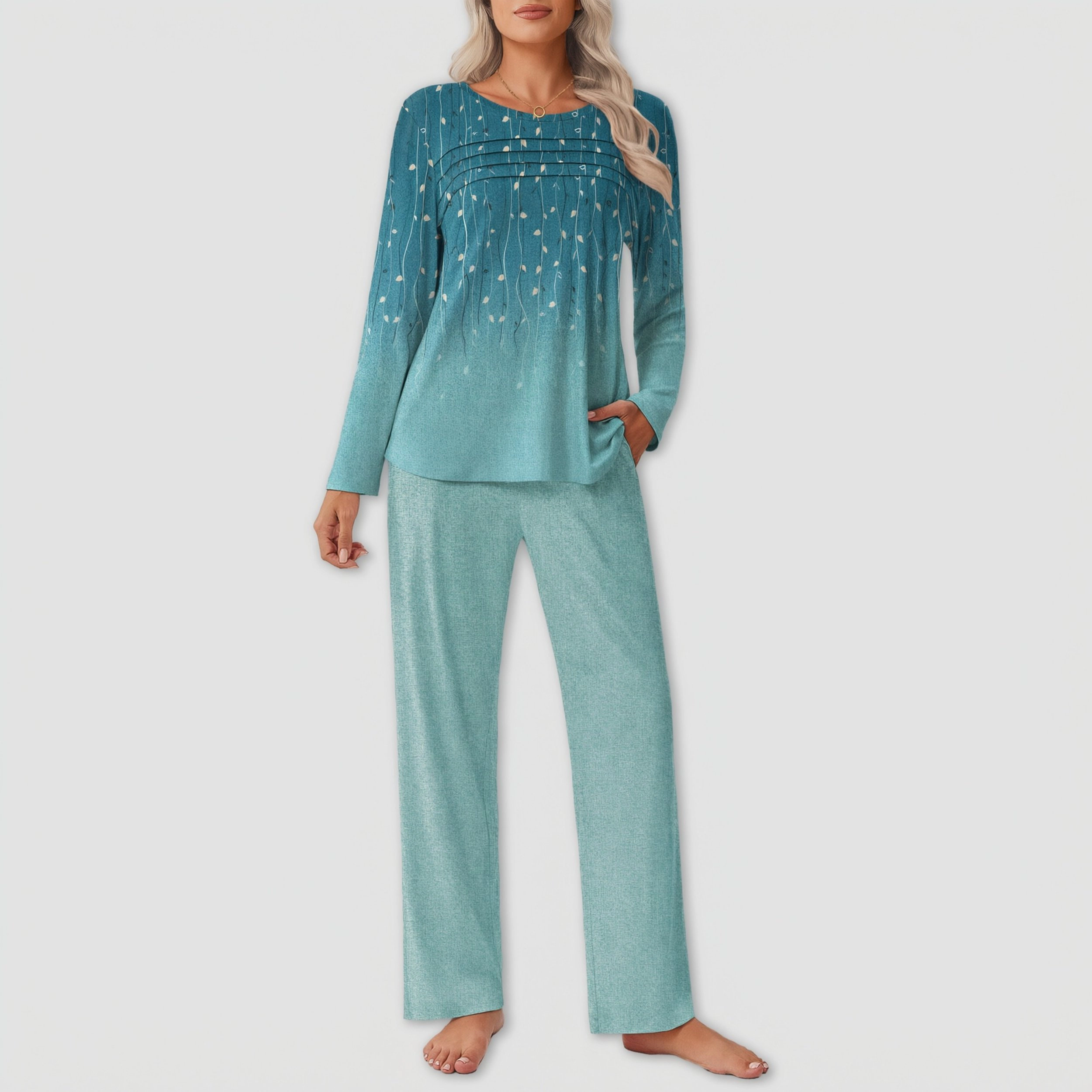 Ekouaer Womens Pajama Sets Pleated Tops with Long Pants Lounge Set Long Sleeve Ladies Pajamas