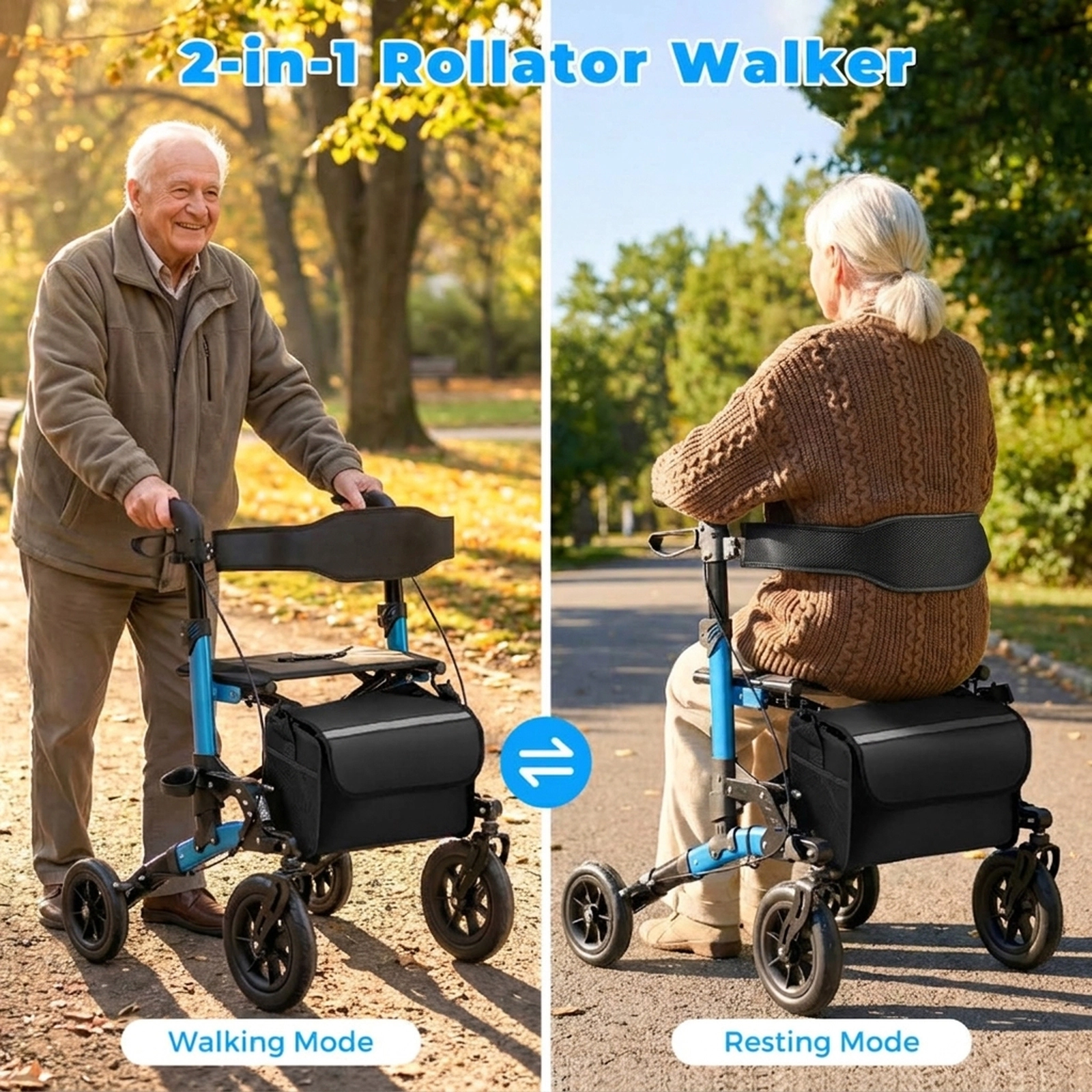 SUGIFT Blue Folding Rollator Walker with Spring Suspension and Mesh Backrest 31.5-in W 25-in D 300-lb Seat Capacity
