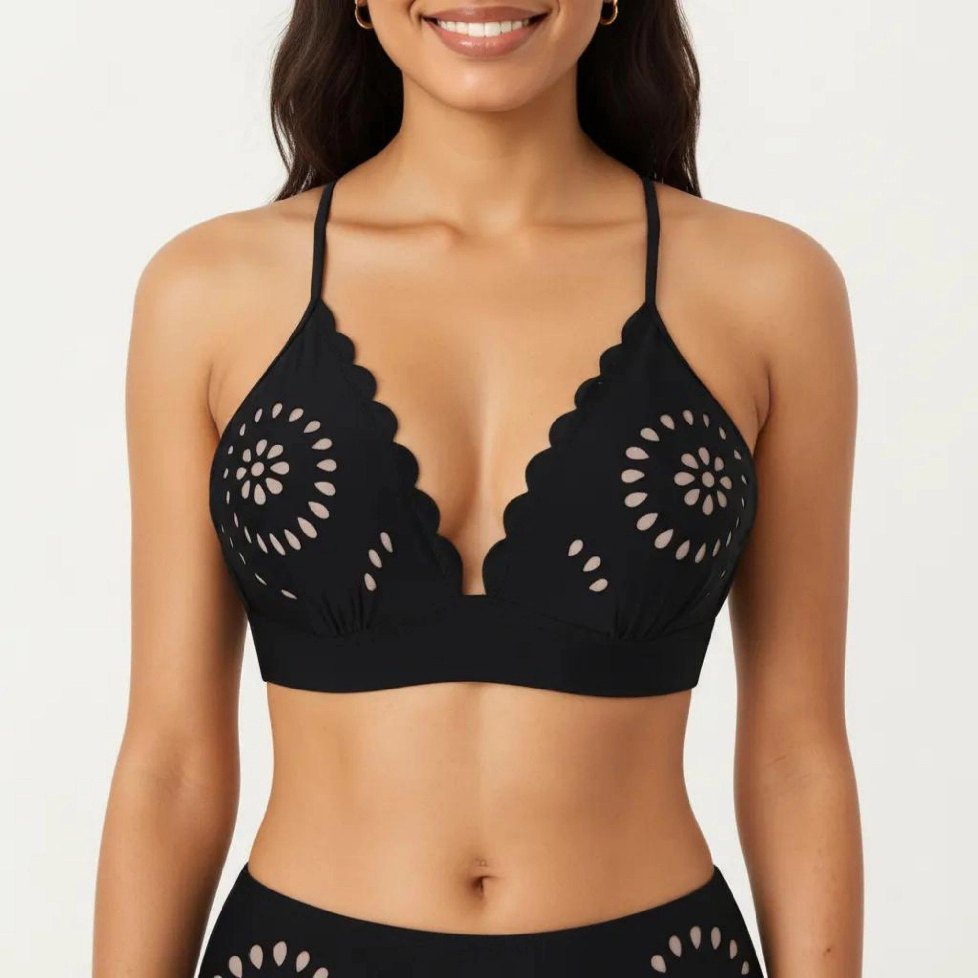 Anna-Kaci Women's 2-Piece Bikini Set with Scalloped Trim Laser Cut Design Triangle Top High Waisted Bottom