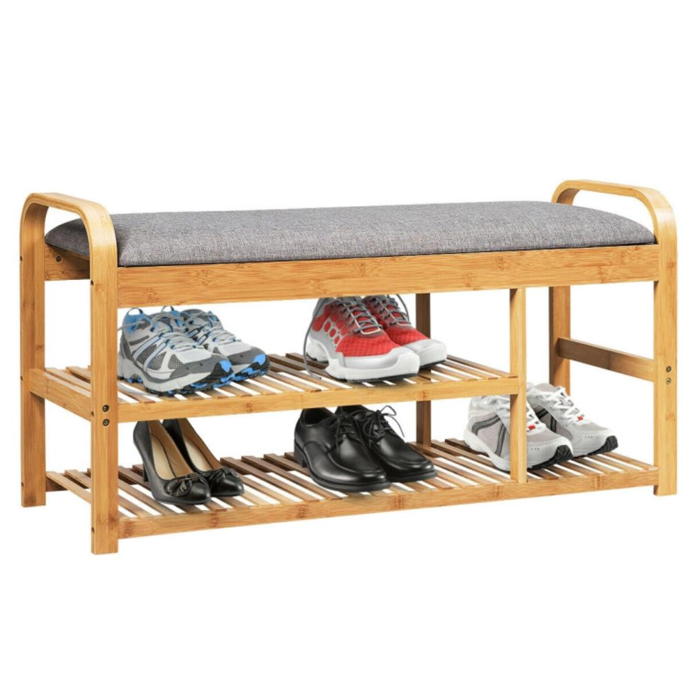 Hivvago 3-Tier Bamboo Shoe Rack Bench with Cushion-Natural