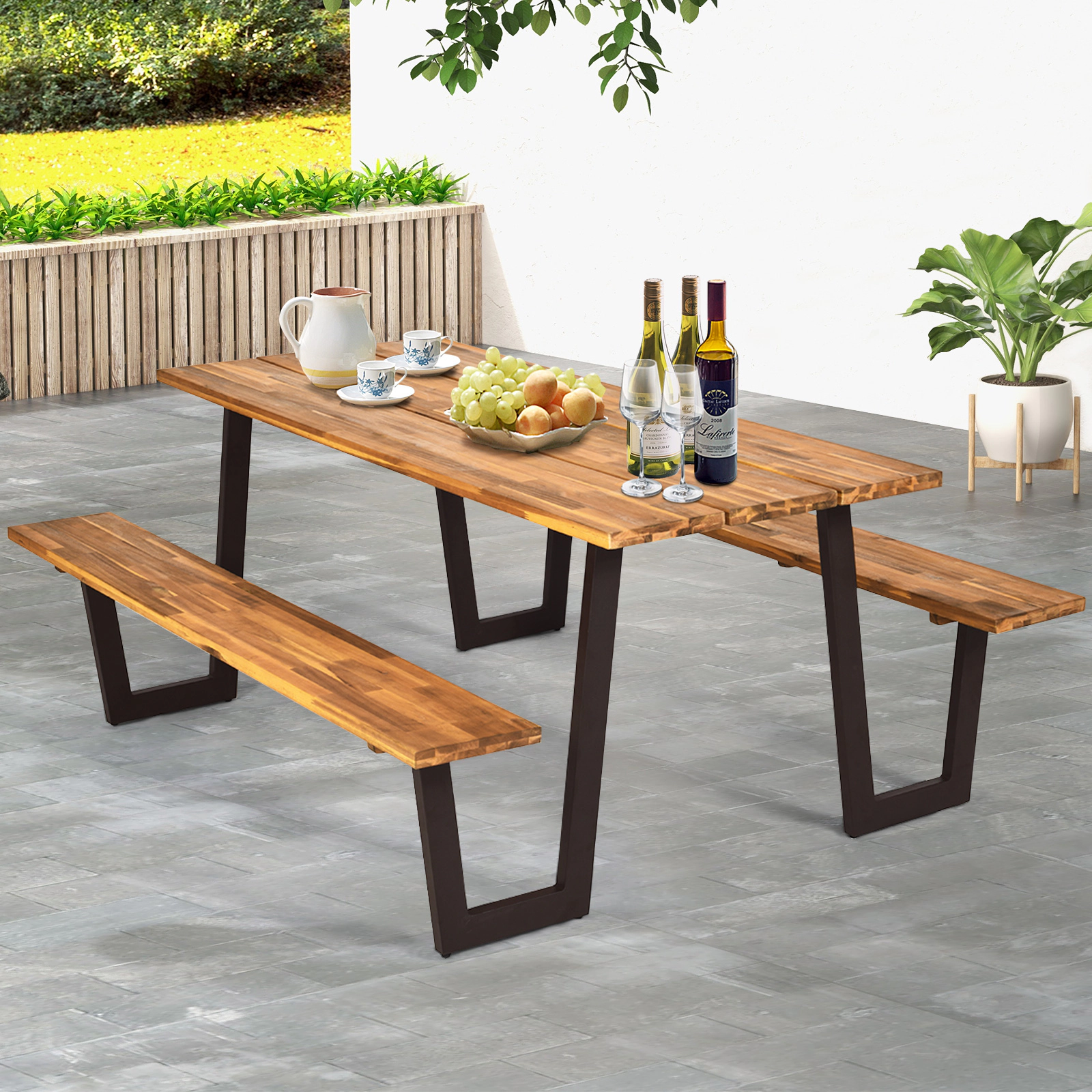 SUGIFT 70-In Acacia Wood Picnic Table Set with Two Benches and Umbrella Hole