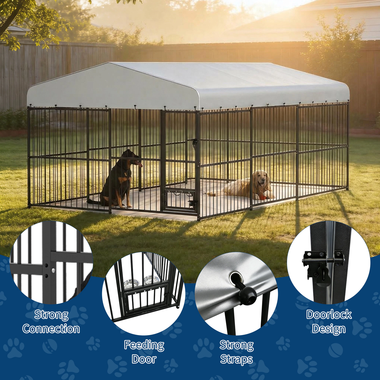 Heavy Duty Outdoor Dog Kennel for Large Dogs, Walk-in Cage with Roof & Feeding Doors for Garden