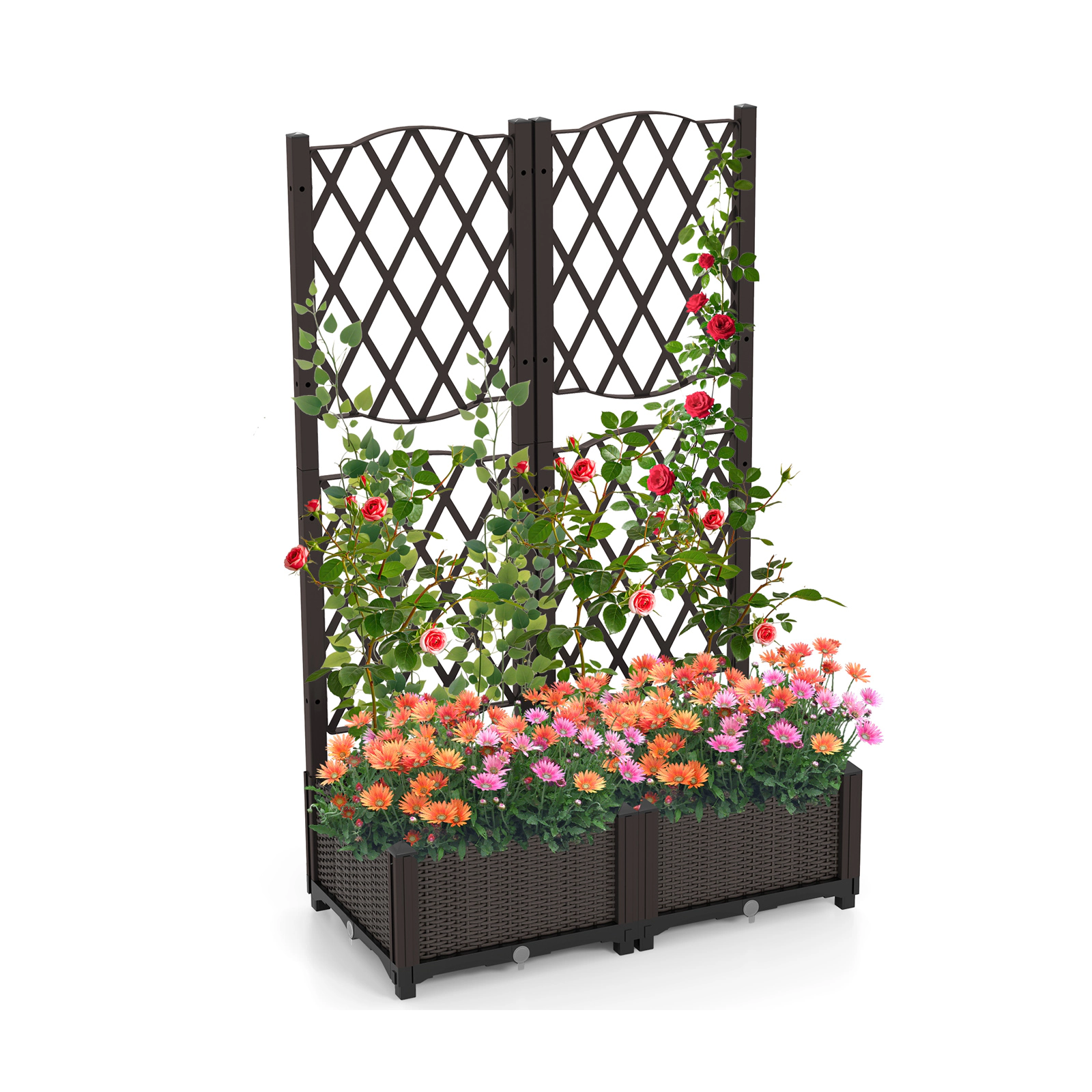 LJG PE Rattan Raised Garden Bed with Trellis Planter Box for Climbing Plants