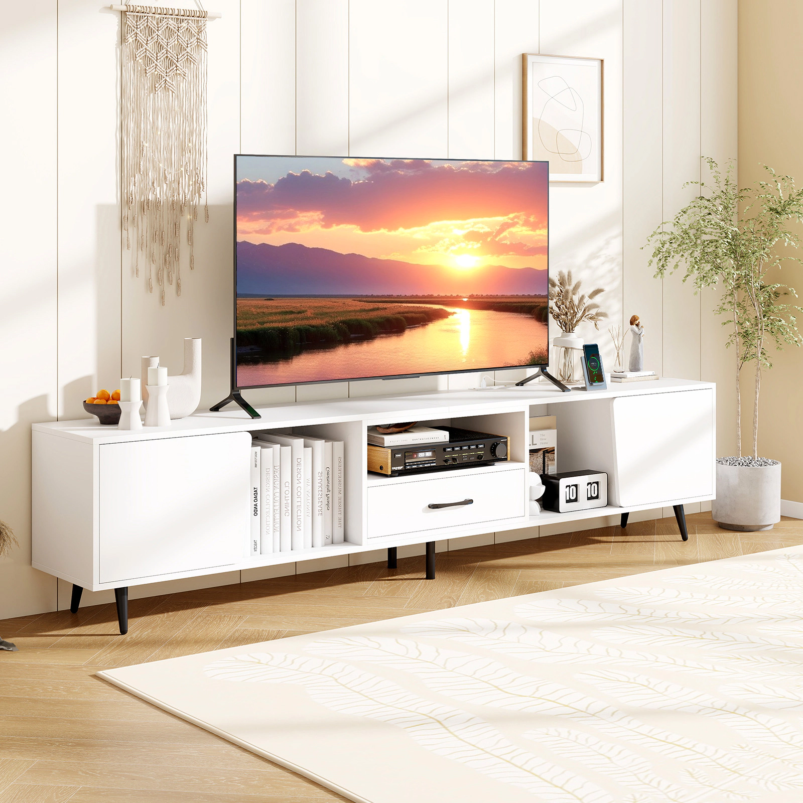 SUGIFT 79-in White TV Stand for TVs up to 90-in, Media Console with Charging Station