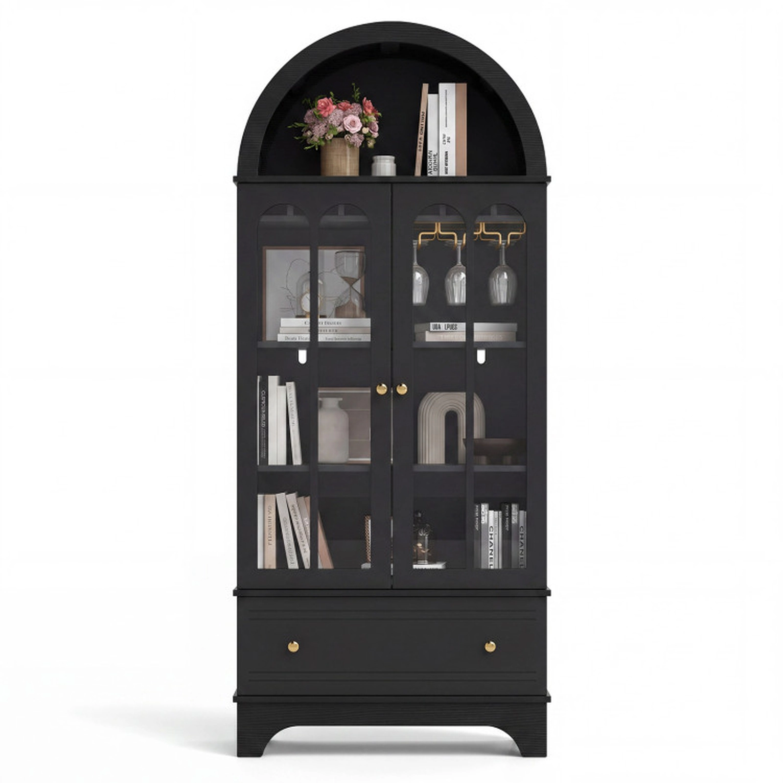 SUGIFT 71.5-in 5-Tier 66-lb Shelf Black Arched Cabinet with Tempered Glass Doors 6-Bottle Wine Rack and Drawer