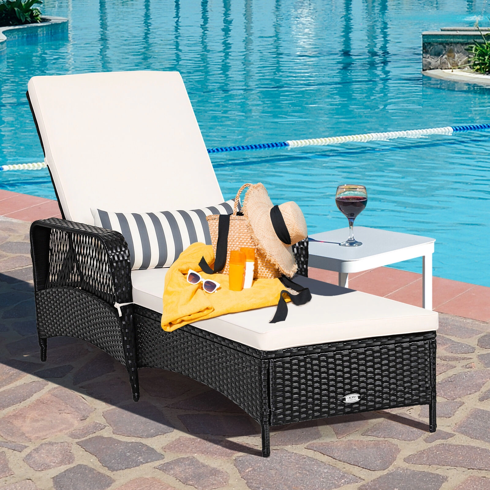 LJG PE Rattan Armrest Chaise Lounge Chair with Adjustable Pillow
