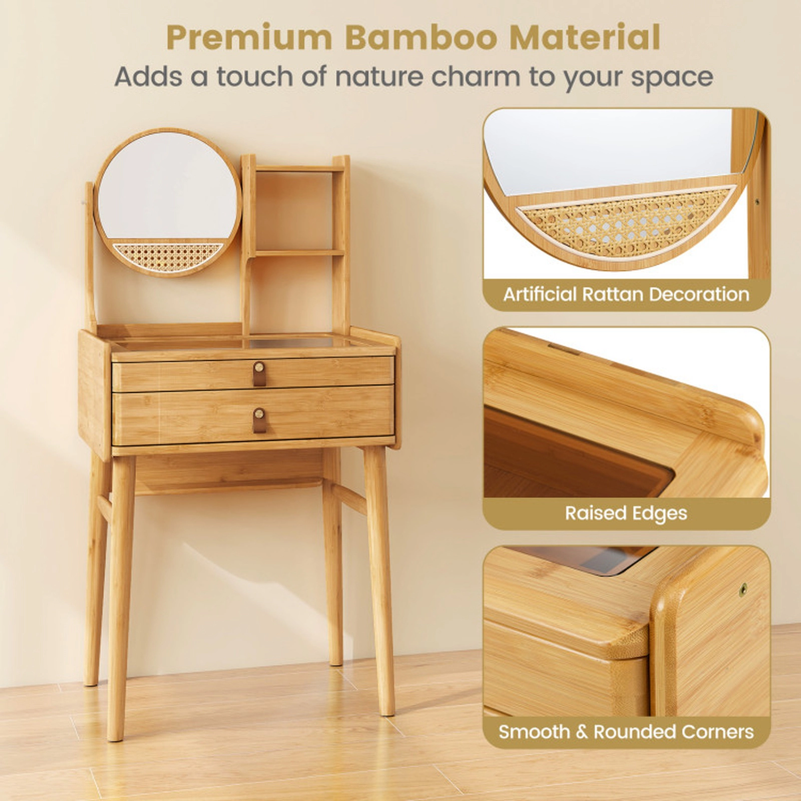 SUGIFT Small Bamboo Vanity Desk with Tempered Glass Top and Rotating Mirror