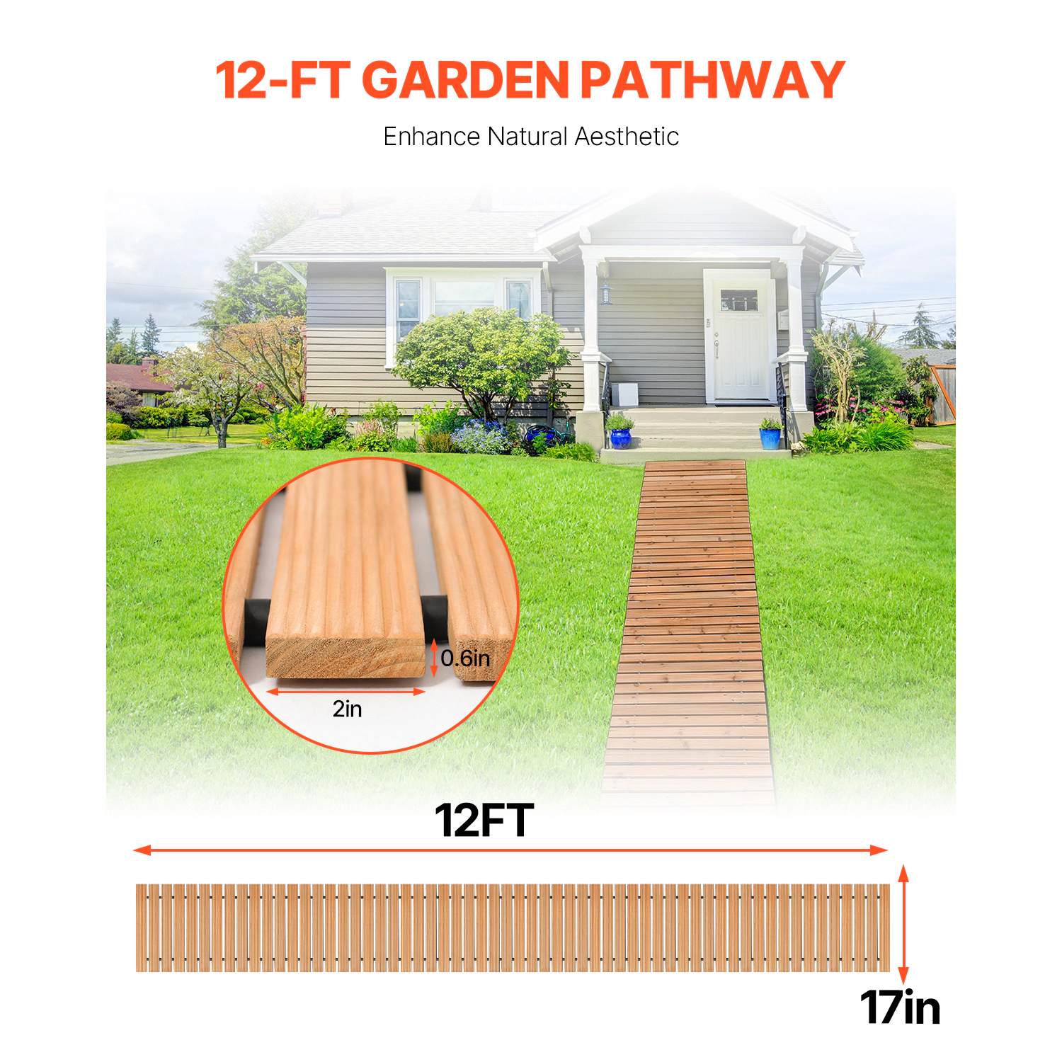 HONGGE Wooden Garden Pathway L 17 in W Non-Slip Straight Garden Walkway Roll Out Cedar Outdoor Walkway Path with Wire