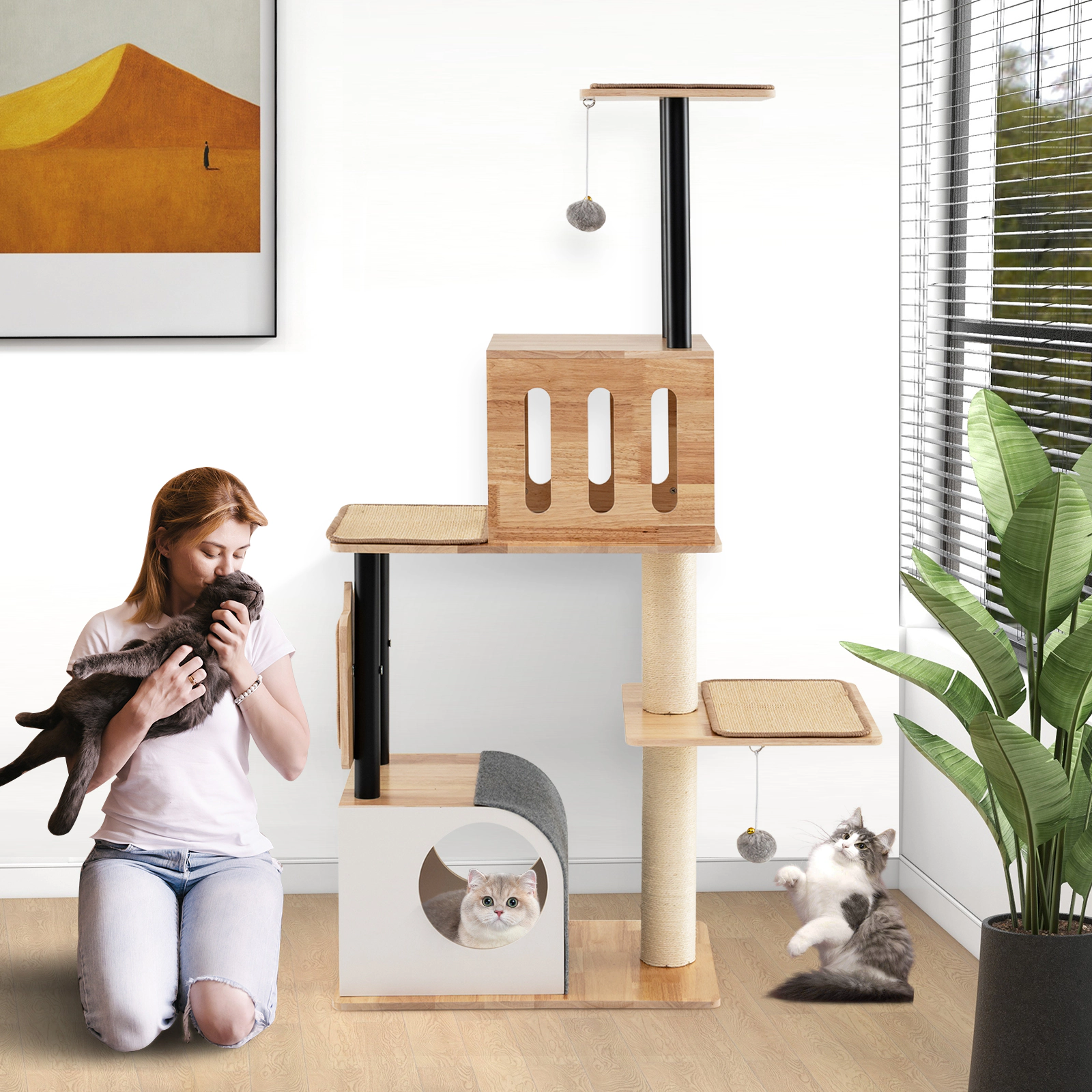 LJG Modern Tall Cat Tower with Double Condos with Dangling Balls and Sisal Carpets