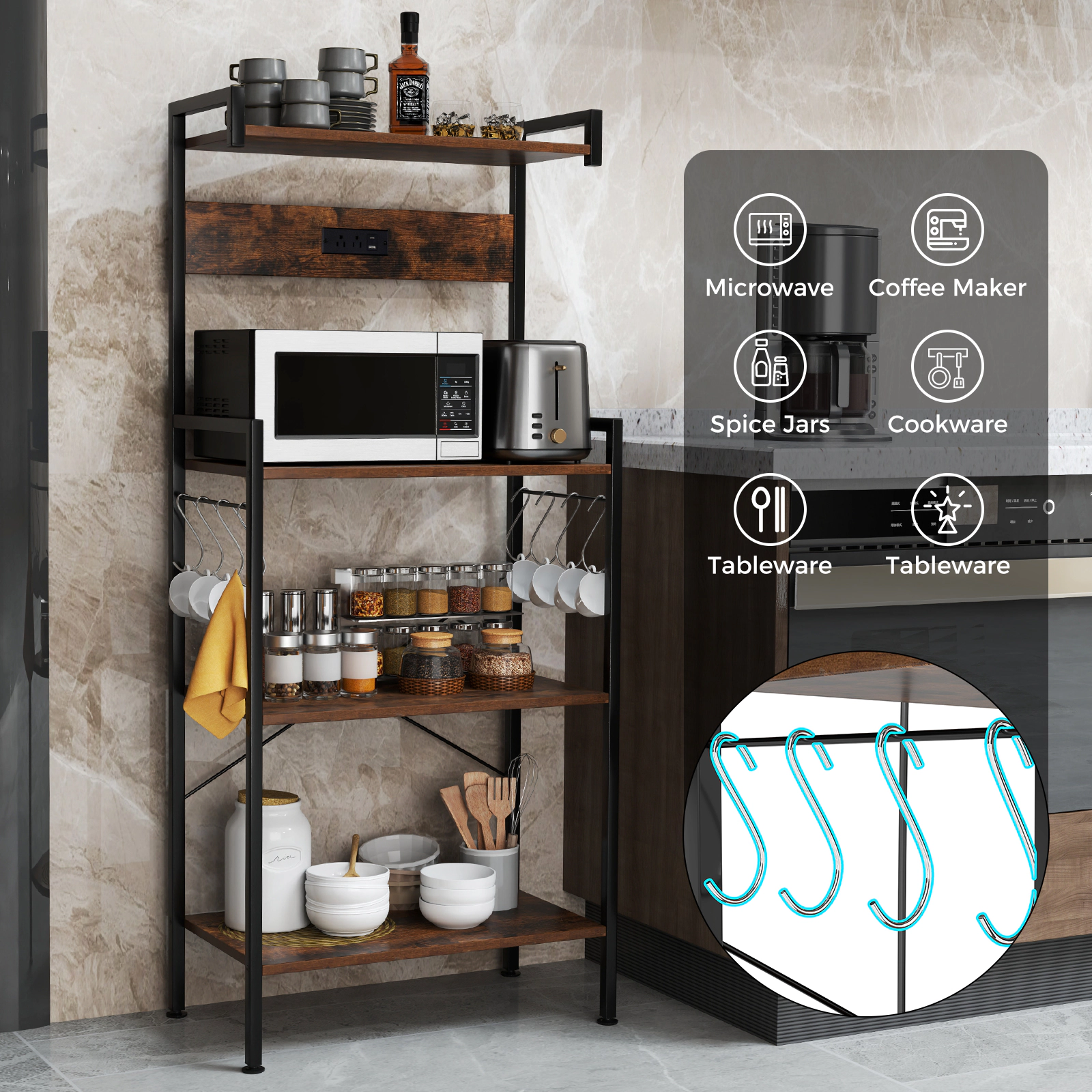 SUGIFT 4-Tier Kitchen Bakers Rack Shelving Unit with Power Outlet 55-lb Top Shelf Capacity 4-Shelf 8-Hook Rustic Brown