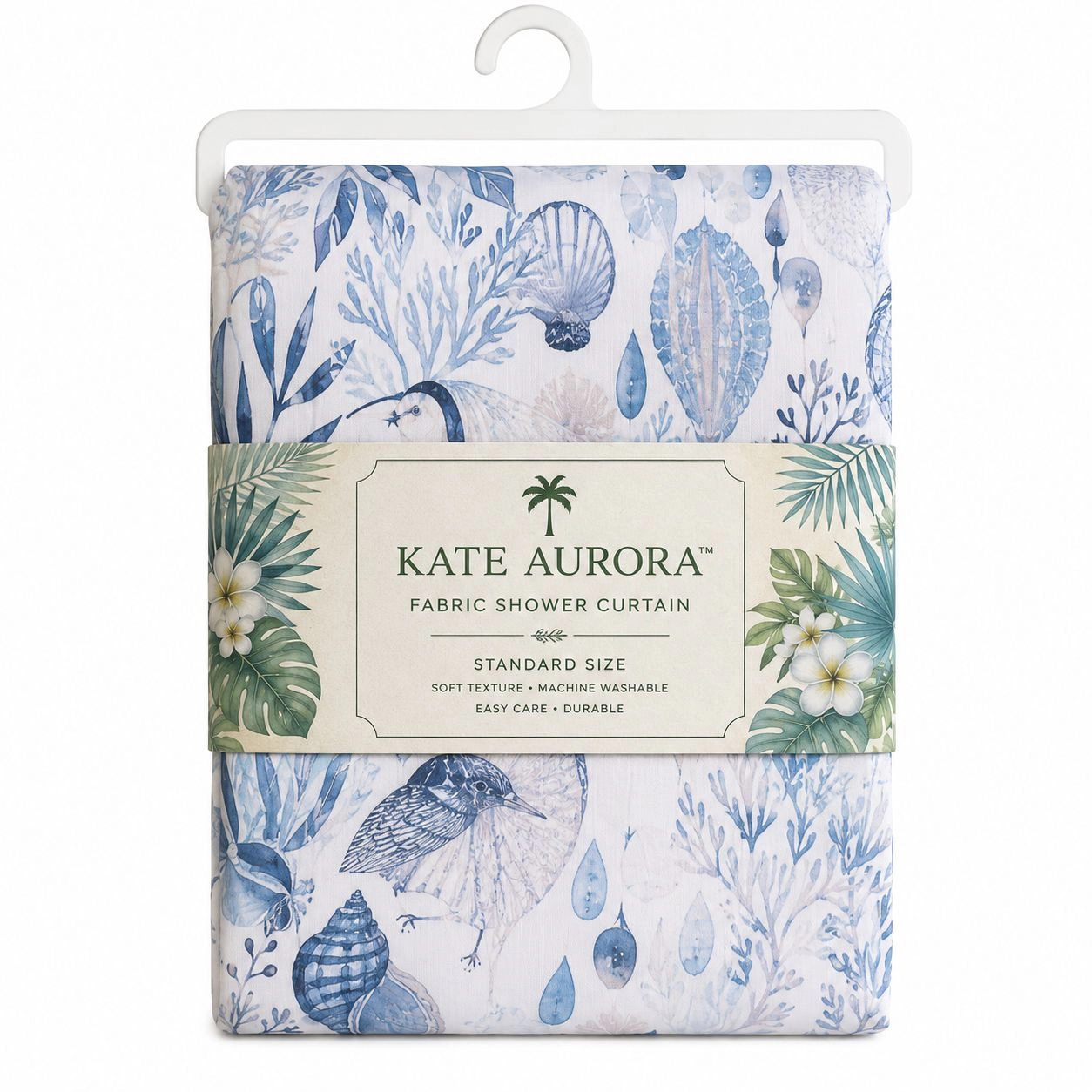 Kate Aurora Nantucket Harbor Blue Coral & Seashells Fabric Shower Curtain
