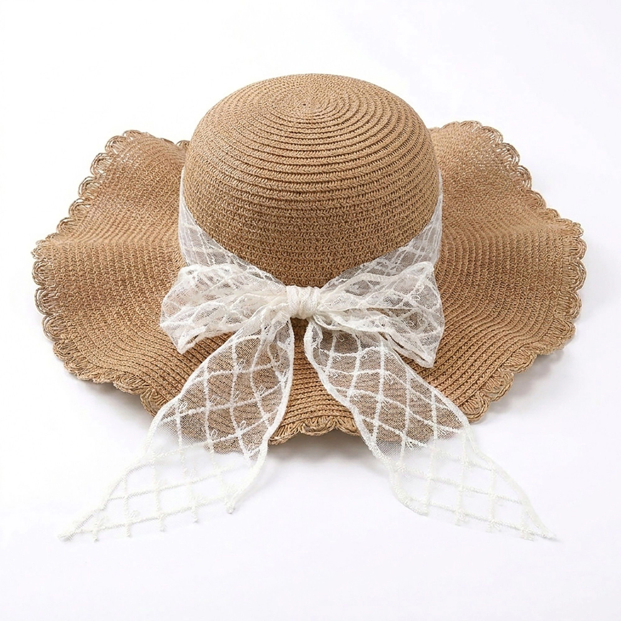 Anna-Kaci Women's Wide Brim Straw Sun Hat with Sheer Bow Accent and Scalloped Edge