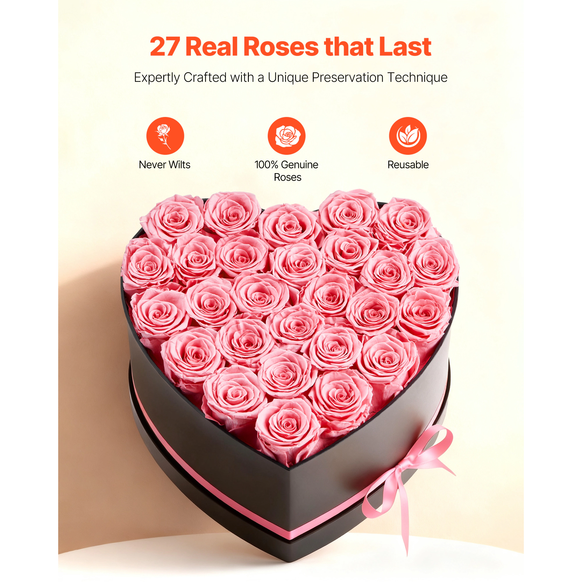 HONGGE Forever Flowers 27 Preserved Roses Heart Shape Box Eternal Immortal Bouquet Birthday Present for