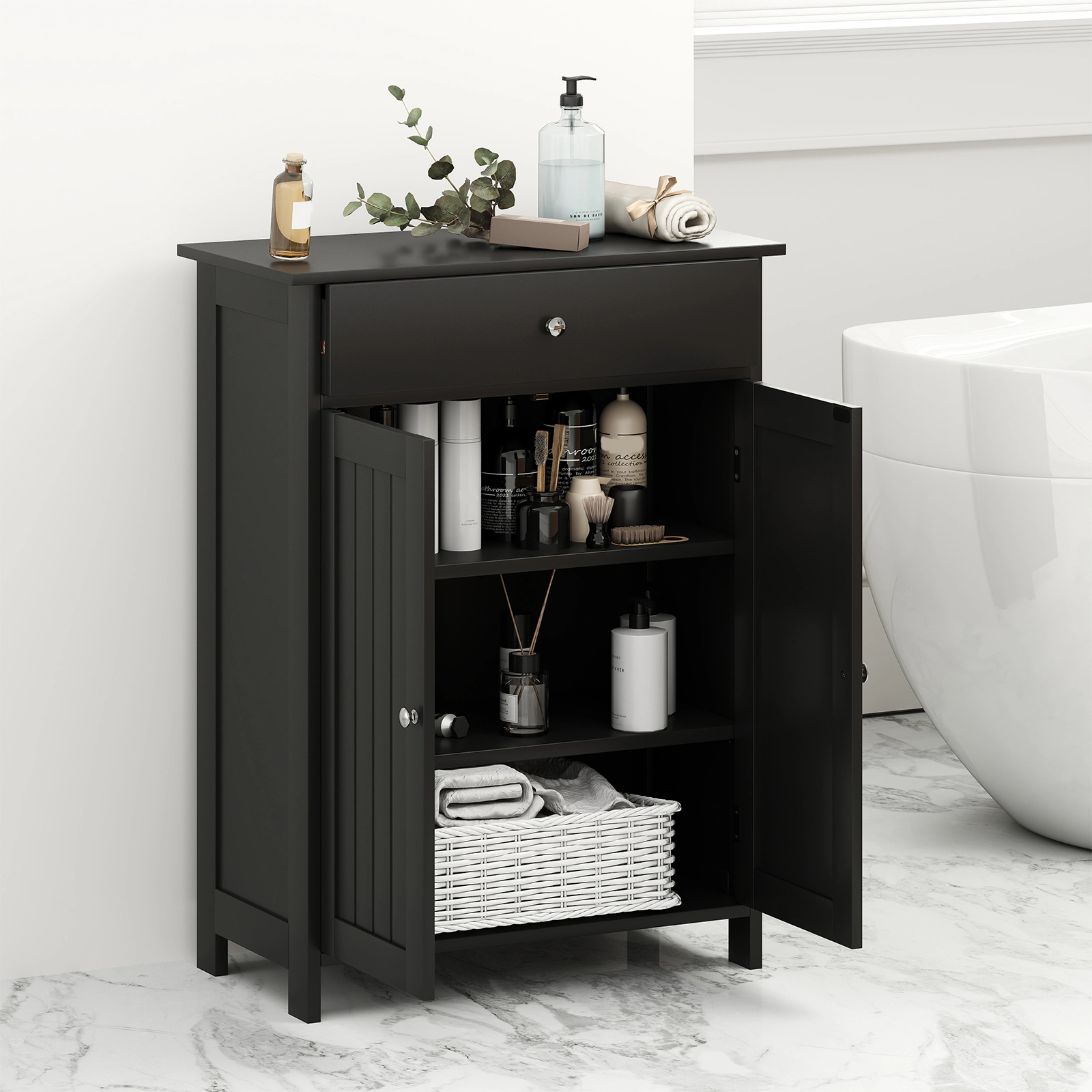 Slickblue Bathroom Floor Storage Cabinet Black MDF 2-Door Drawer Adjustable Shelf