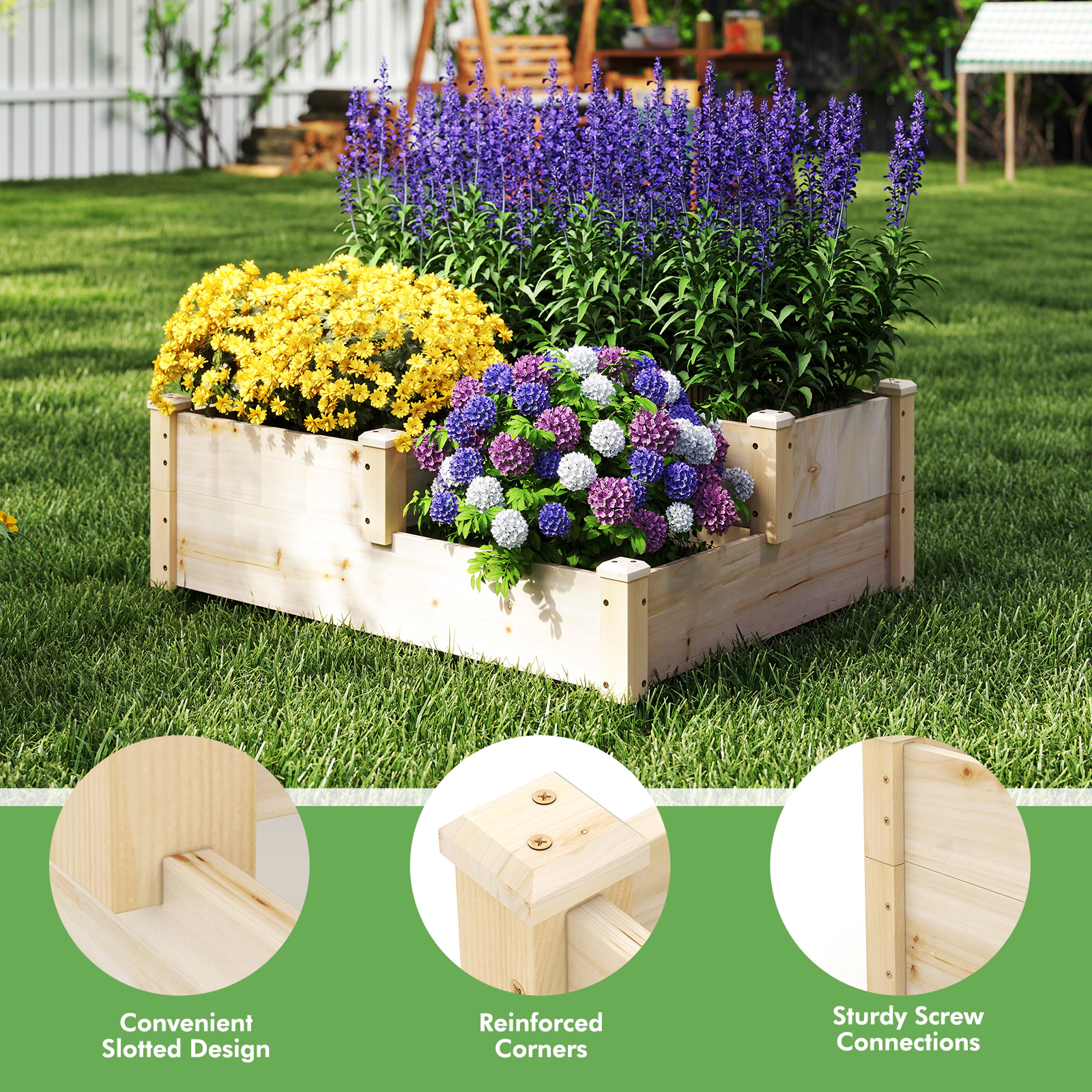 SlickBlue Wooden 3-Tier Raised Planter for Vegetables and Herbs