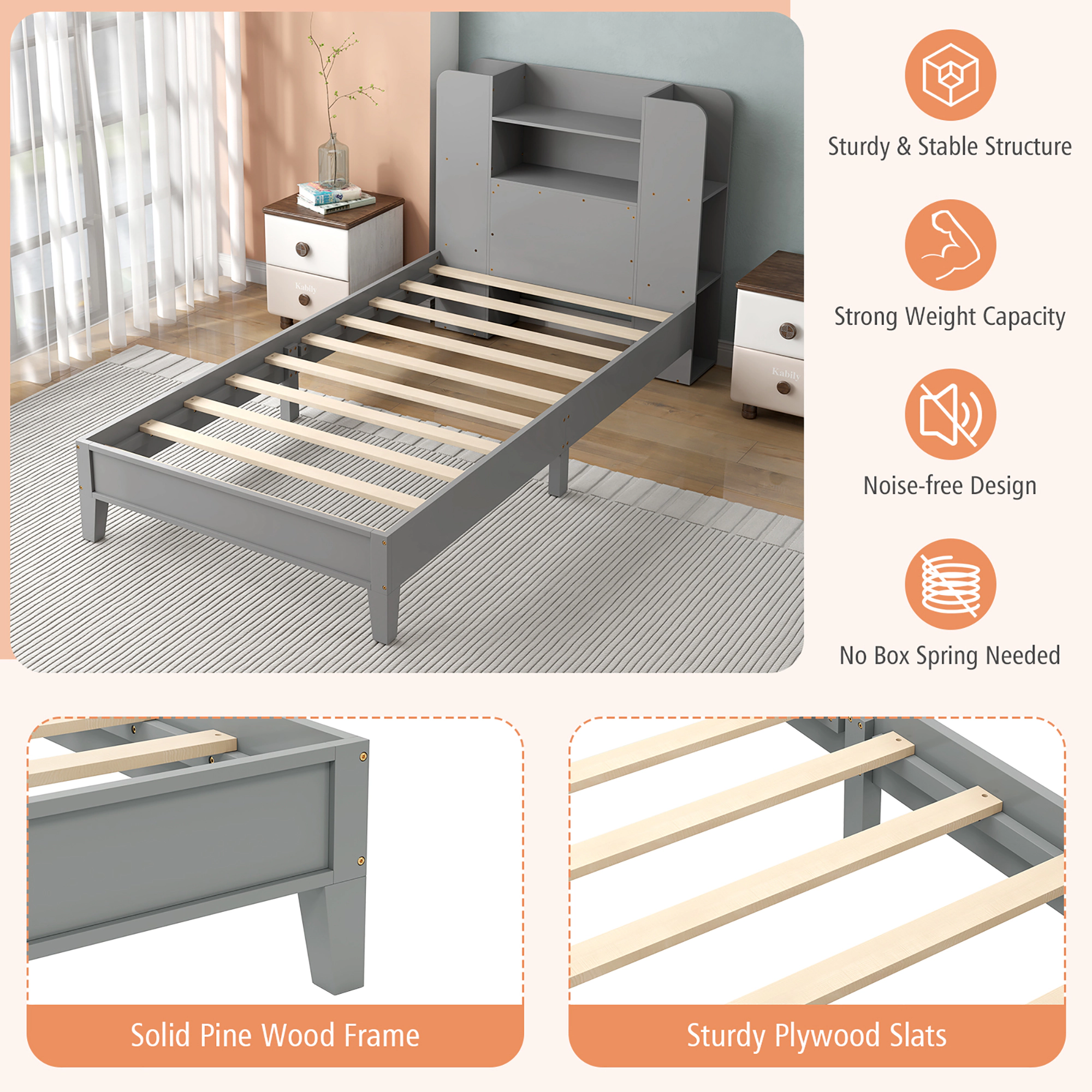 Costway Twin Bed Frame Wooden Platform Kids w/ Bookcase Headboard Gray